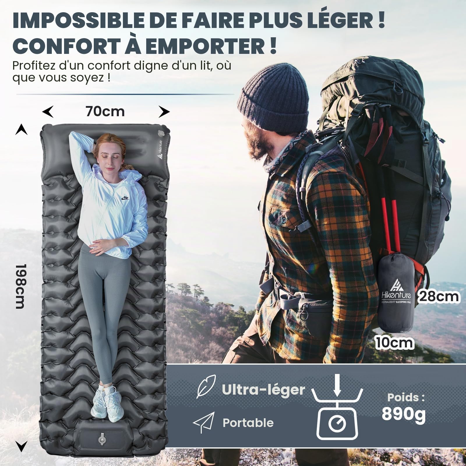 HIKENTURE Matelas de Camping 1 Place Autogonflant 10 cm - avec Pompe à Pied | Portable et Confortable - Matelas Gonflable Pour Camping, Trekking, Plage, Randonnée, Bivouac, Tente - Gris