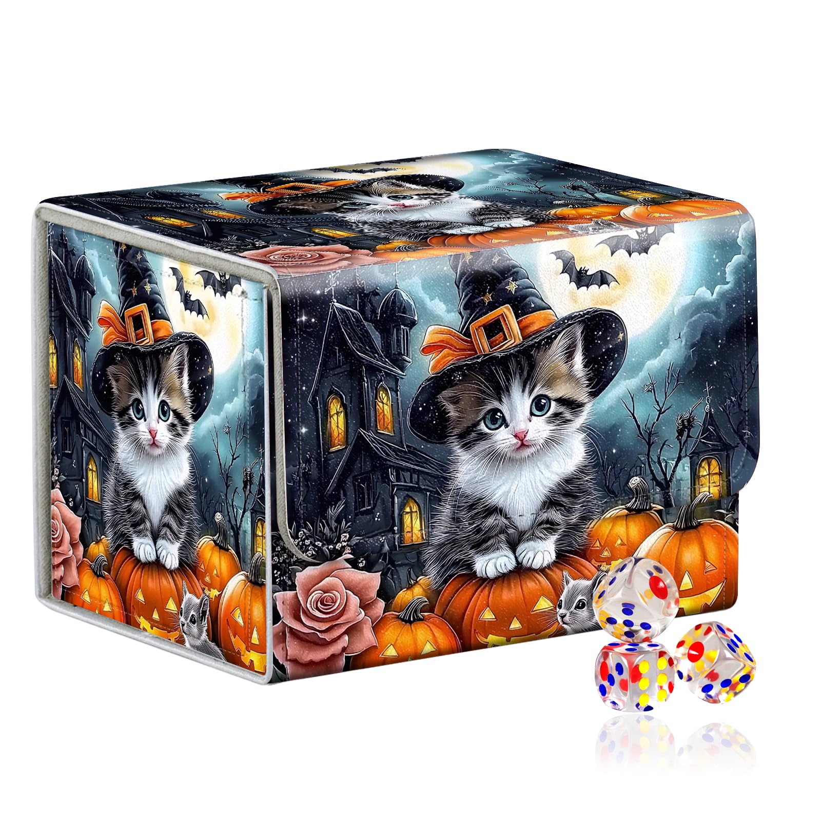 VOGDMKJG Trading Card Deck Box Fit 100+ Single Sleeved Cards,PU Leather Magnetic Closure Card Storage Box With 3 Dice For MTG/TCG/PTCG/Magic/Sport Card Storage Case Horizontal Design Pumpkin Cat