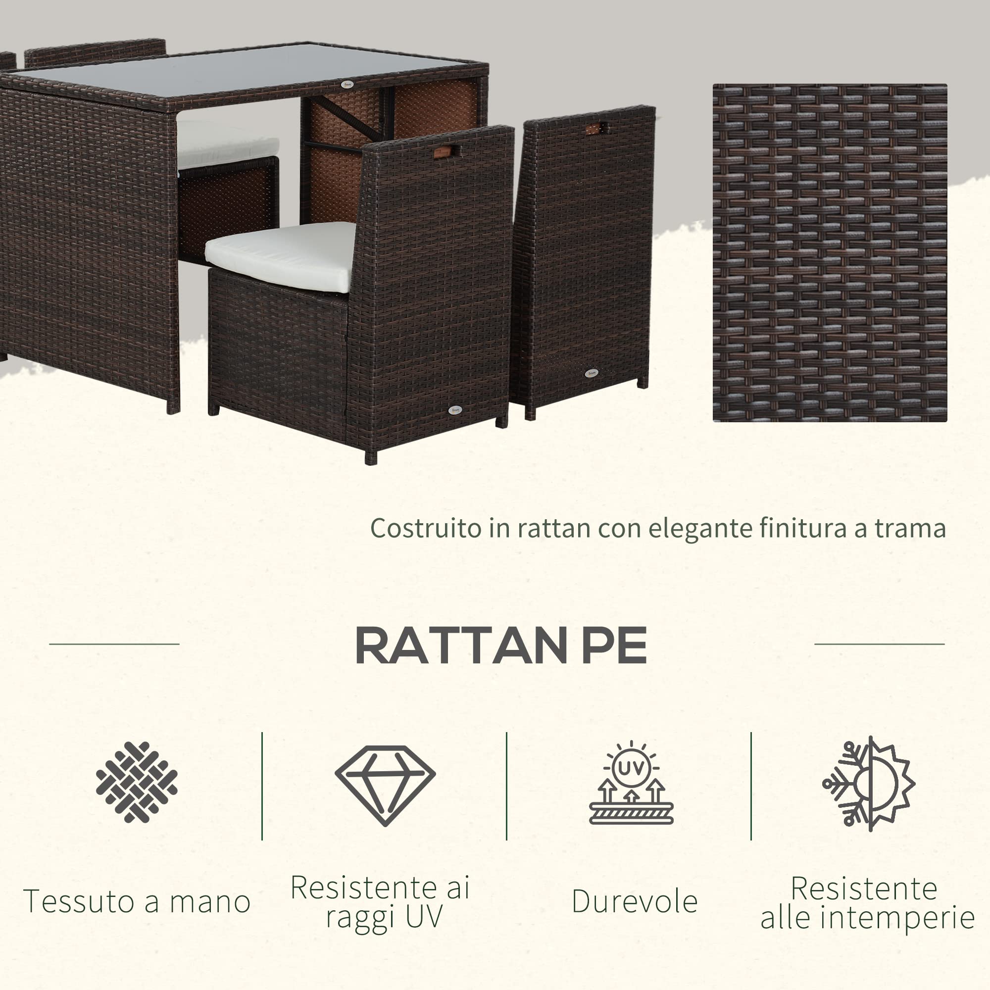 Outsunny Set Mobili da Giardino in Rattan 5pz Tavolo Pranzo 4 Sedie con Cuscini
