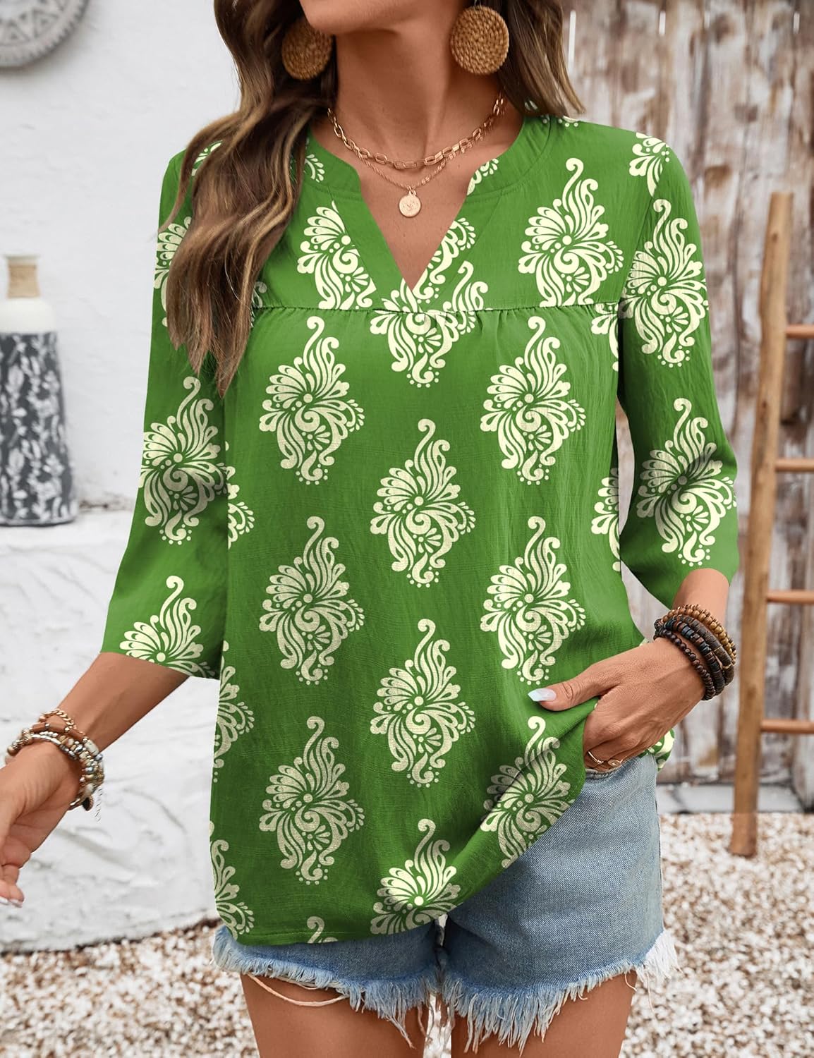 Rapbin Womens 3/4 Sleeve V Neck Floral Print Pleated Blouses for Women Dressy Casual Loose Fit Tops - Image 4