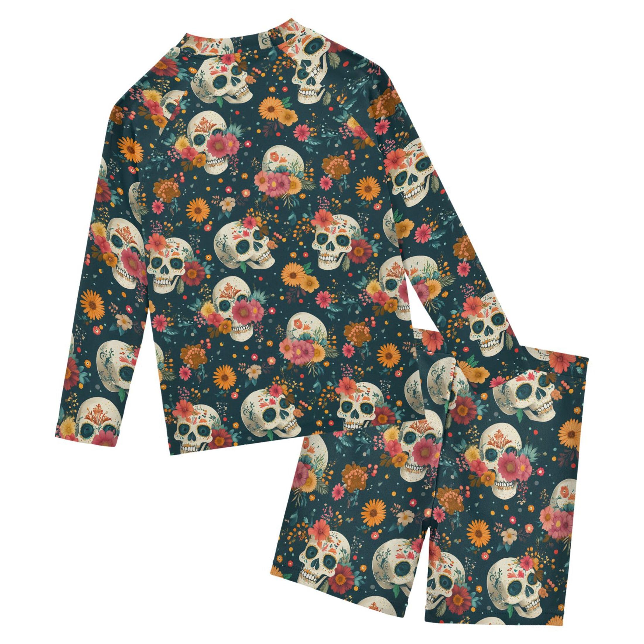Skull Flower Boys Rash Guard Swimsuits Set for Boys Long Sleeve Swim Shirts Bathing Suits with Trunks B0404433