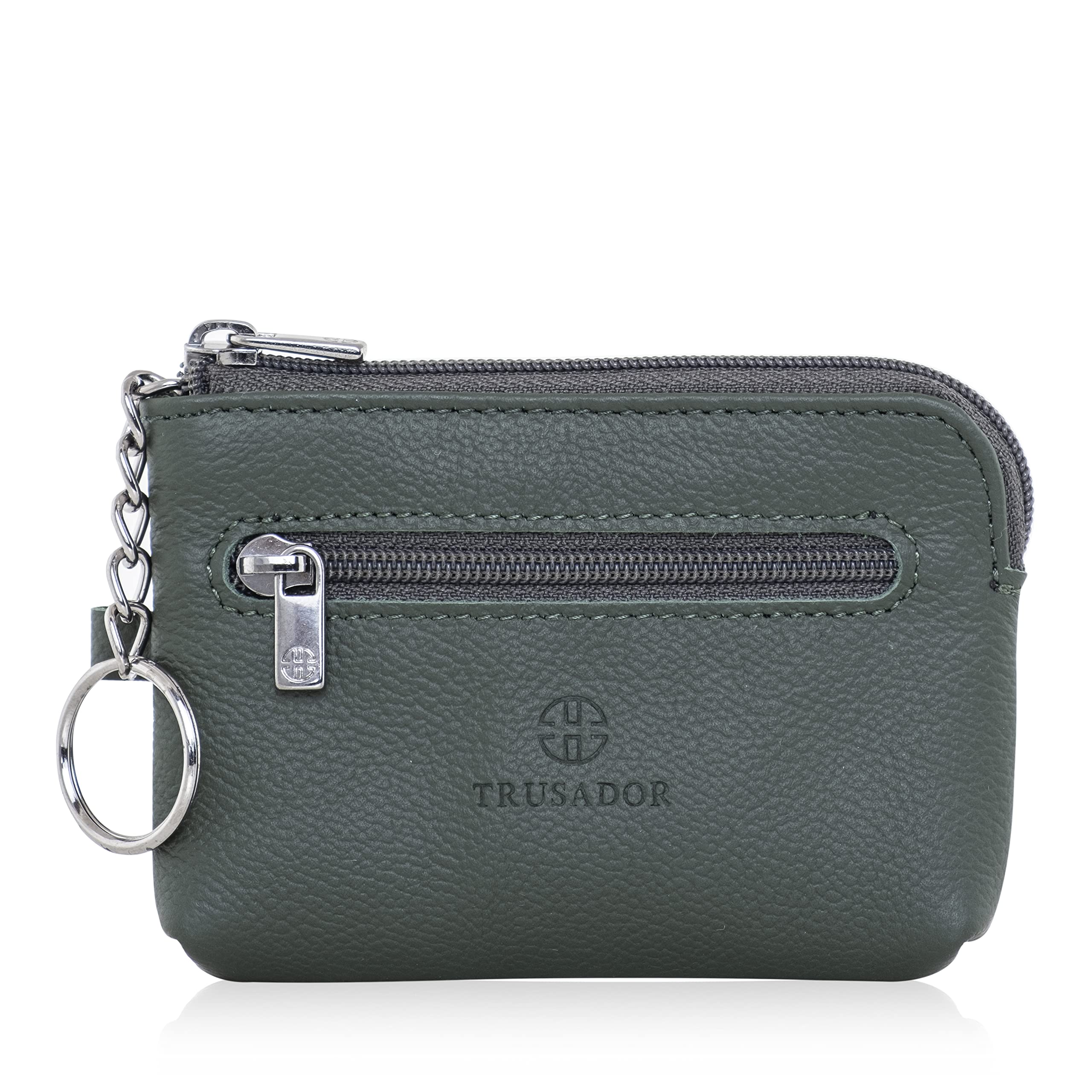 Trusador Milano Unisex Leather Front Pocket Wallet Coin Purse Zipper Pouch with Keychain (Green)