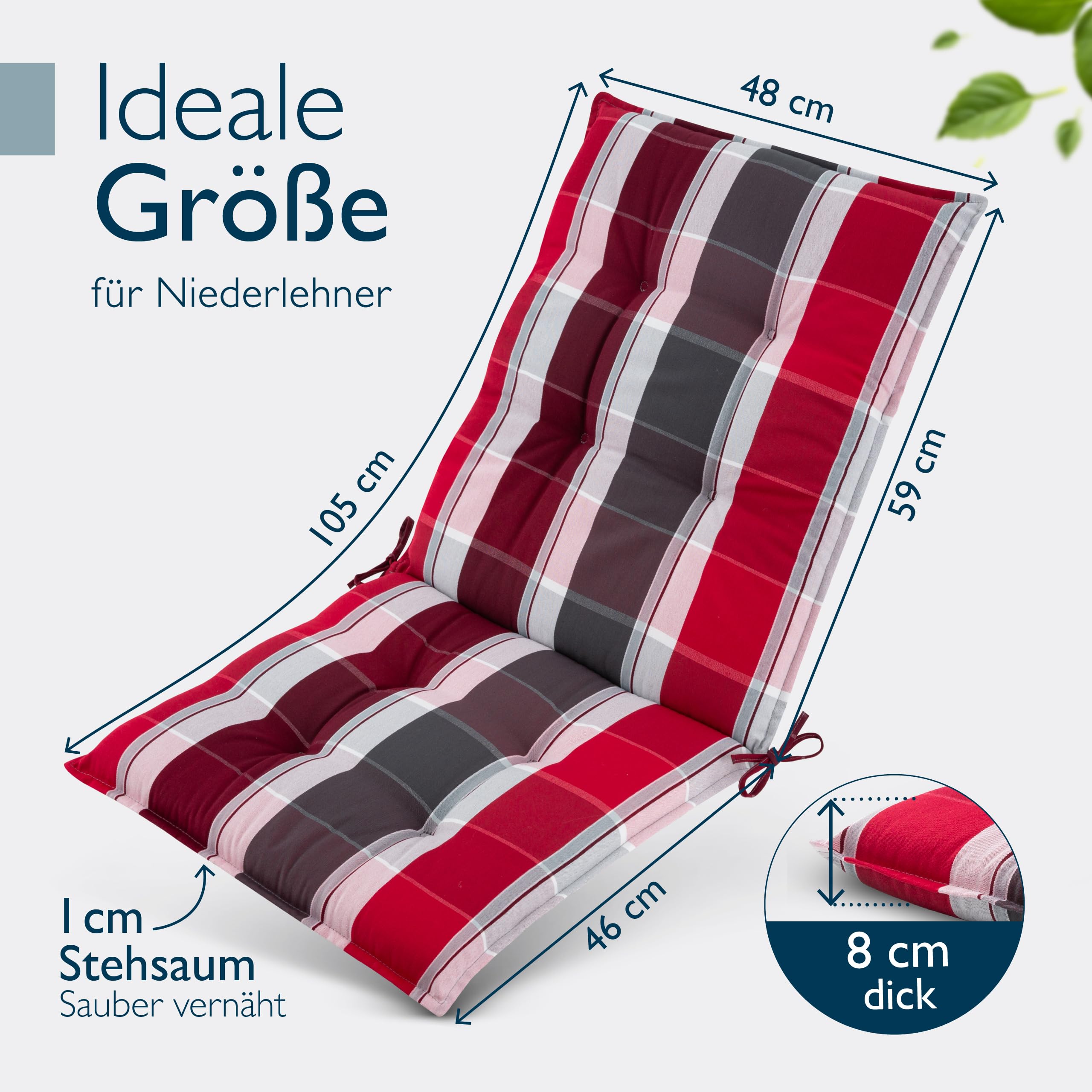 Beautissu 6er Set Premium Niedriglehner Auflage Gartenstuhl Polster | 100x50cm Rot-Anthrazit Gestreift 8cm dick rutschfestes robust UV-Lichtechtheit 5 Gartenstuhlauflage rutschfest Garten Sun-NL