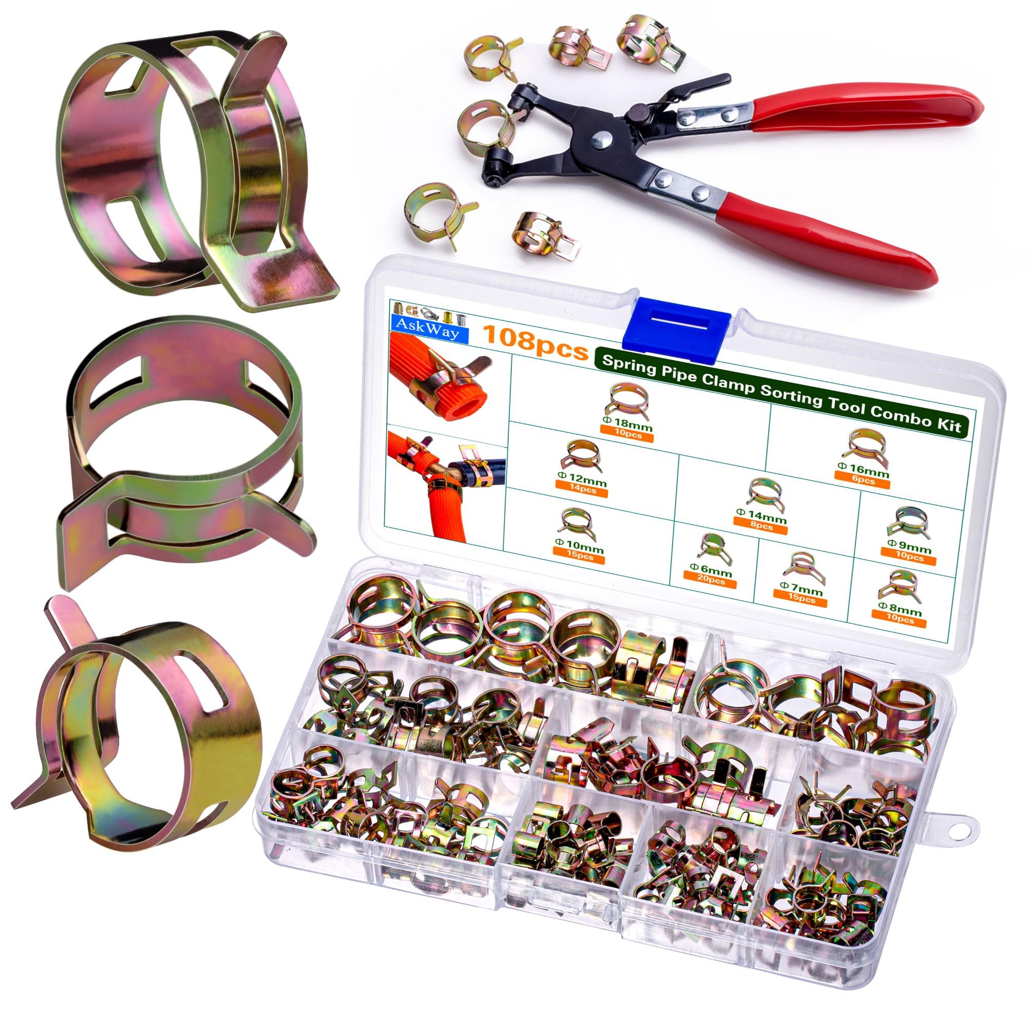 ASKWAY 108pcs Spring Pipe Clamps, With Spring Pipe Clamp Tools, 9 Sizes 6-18mm Spring Hose Clamps, Used To Fix Hose Interfaces In Automotive, Marine,