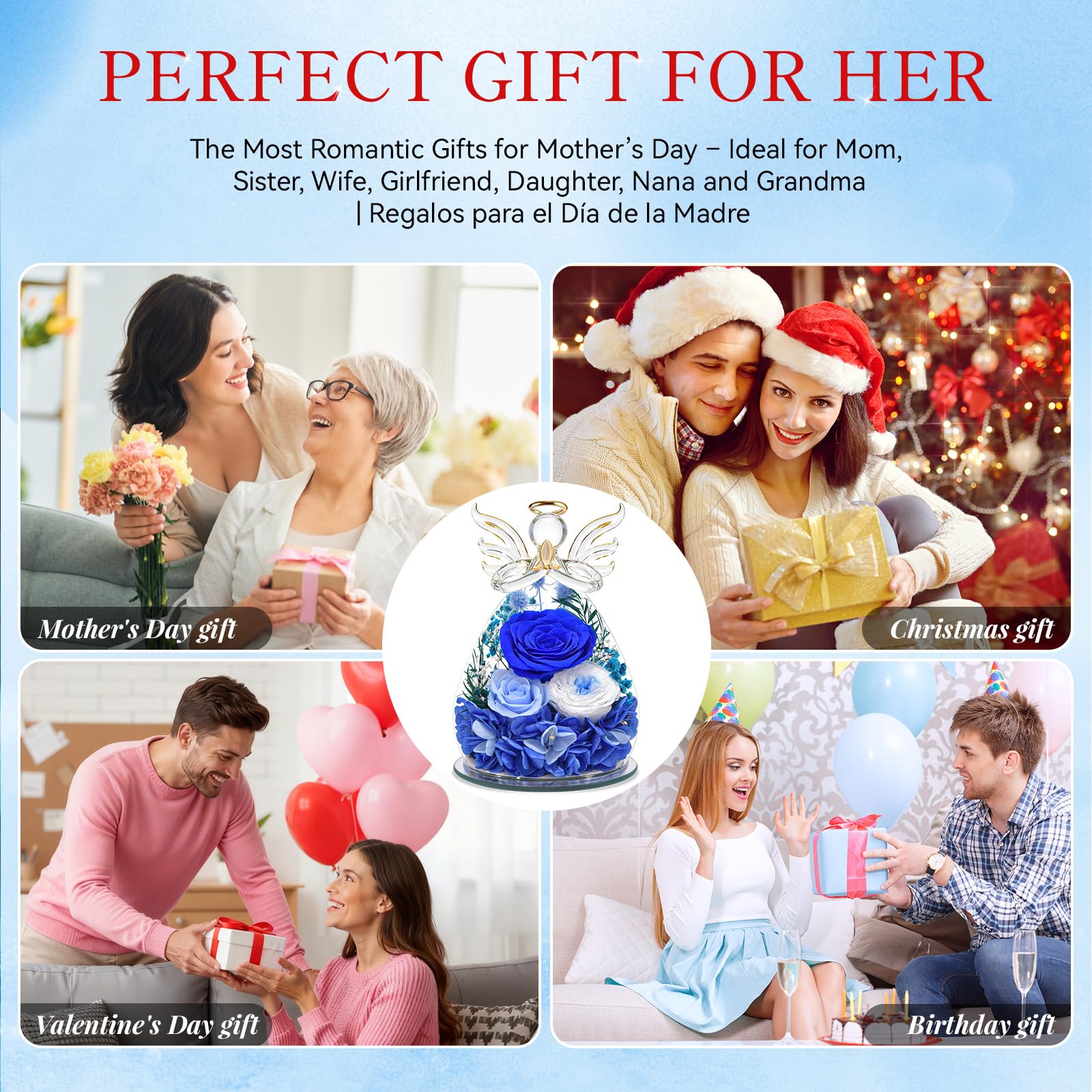 Regalos de Angel Rosa Eterna para Mamá, Regalo para Madre Abuela Novia, Regalo del Día de la Madre Flor Eterna con LED (1 Azul + 1 Azul Claro + 1 Rosa Blanca)
