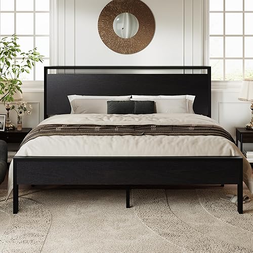 Miniatura 14 de Allewie Base de cama de plataforma tamaño Queen con cabecera y pie de cama de madera, soporte de 12 listones de metal resistente, no necesita
