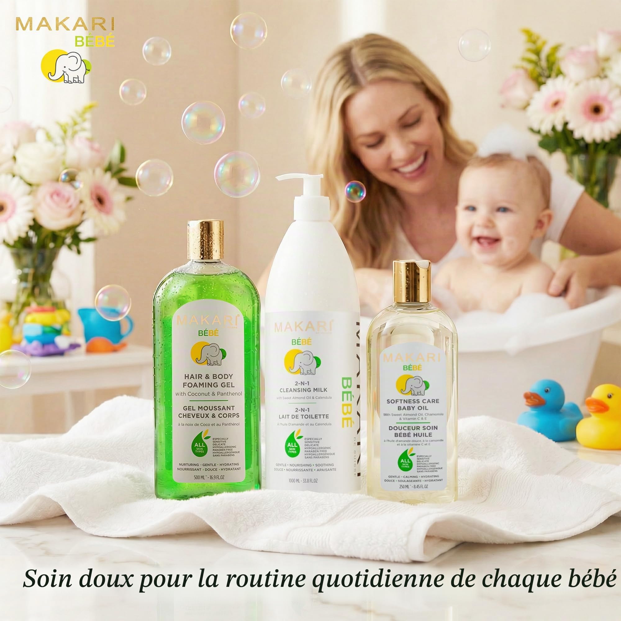 MAKARI Bebe Coffret cadeau de douche 3 pièces et sac de voyage gratuit Gel moussant, lait et huile nettoyants, routine de bain apaisante pour les nouveau-nés, produits de soins pour bébé sans paraben