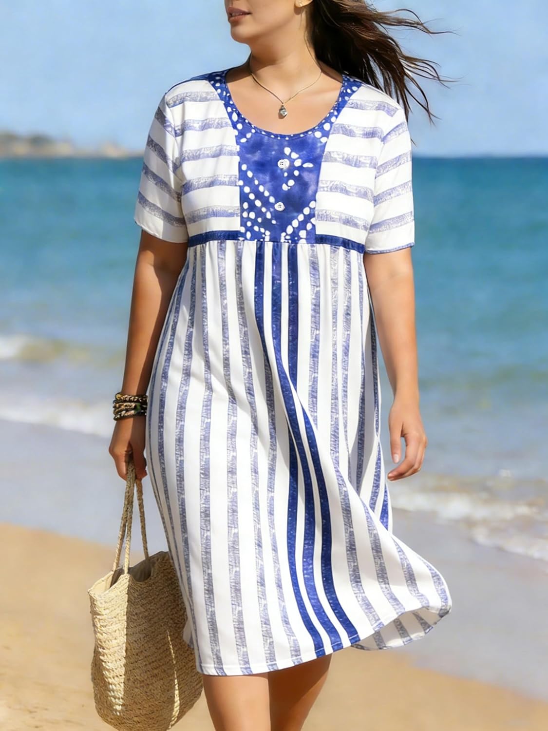 Mathea Women Plus Size Midi Dress Summer Sundress with Pockets 2026 Casual Short Sleeve Knee Length T-Shirt Dress Round Neck - Image 5