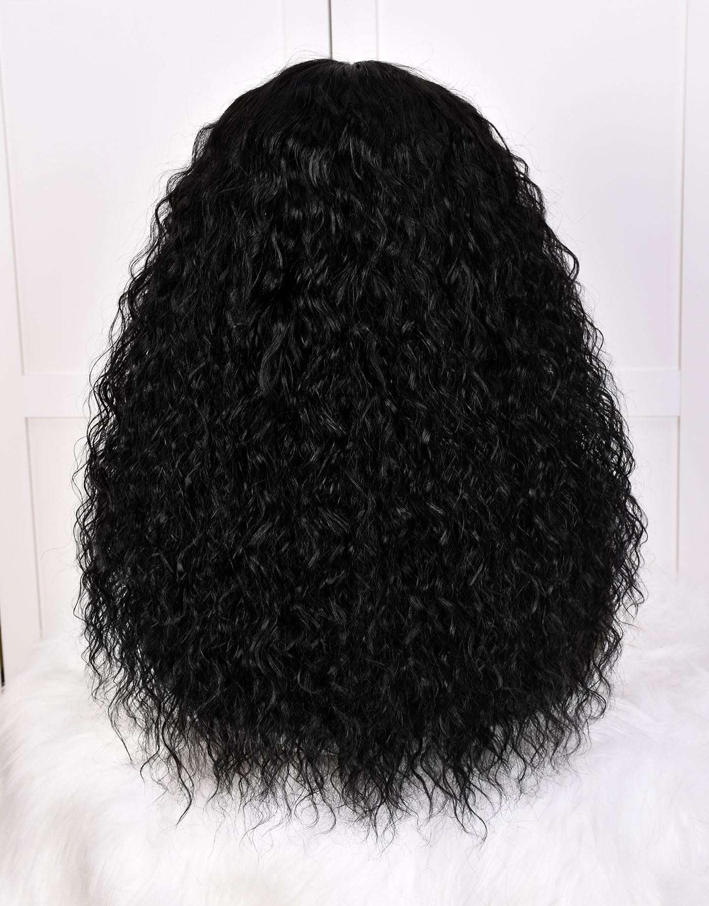 SOFUN Black Curly Wig With Bangs for Black Women Long Curly Human Hair Black Glueless Wig for Daily,Realistic Look with True Scalp