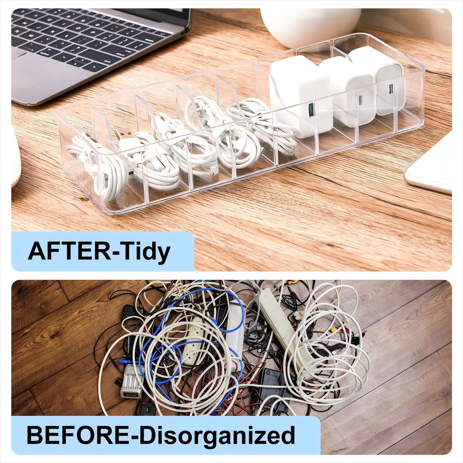 Tatuo Kabel-Organizer mit 80 Kabelbindern, Kunststoff-Kabel-Aufbewahrungsbox, Elektronik-Organizer mit verstellbaren Fächern, Kabelaufbewahrung für Schublade, Heimbüro, Schreibtischzubehör