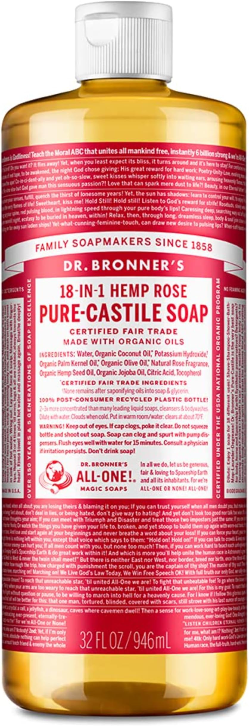 Organic Castile Liquid Soap Rose Dr. Bronner's 32 oz Liquid