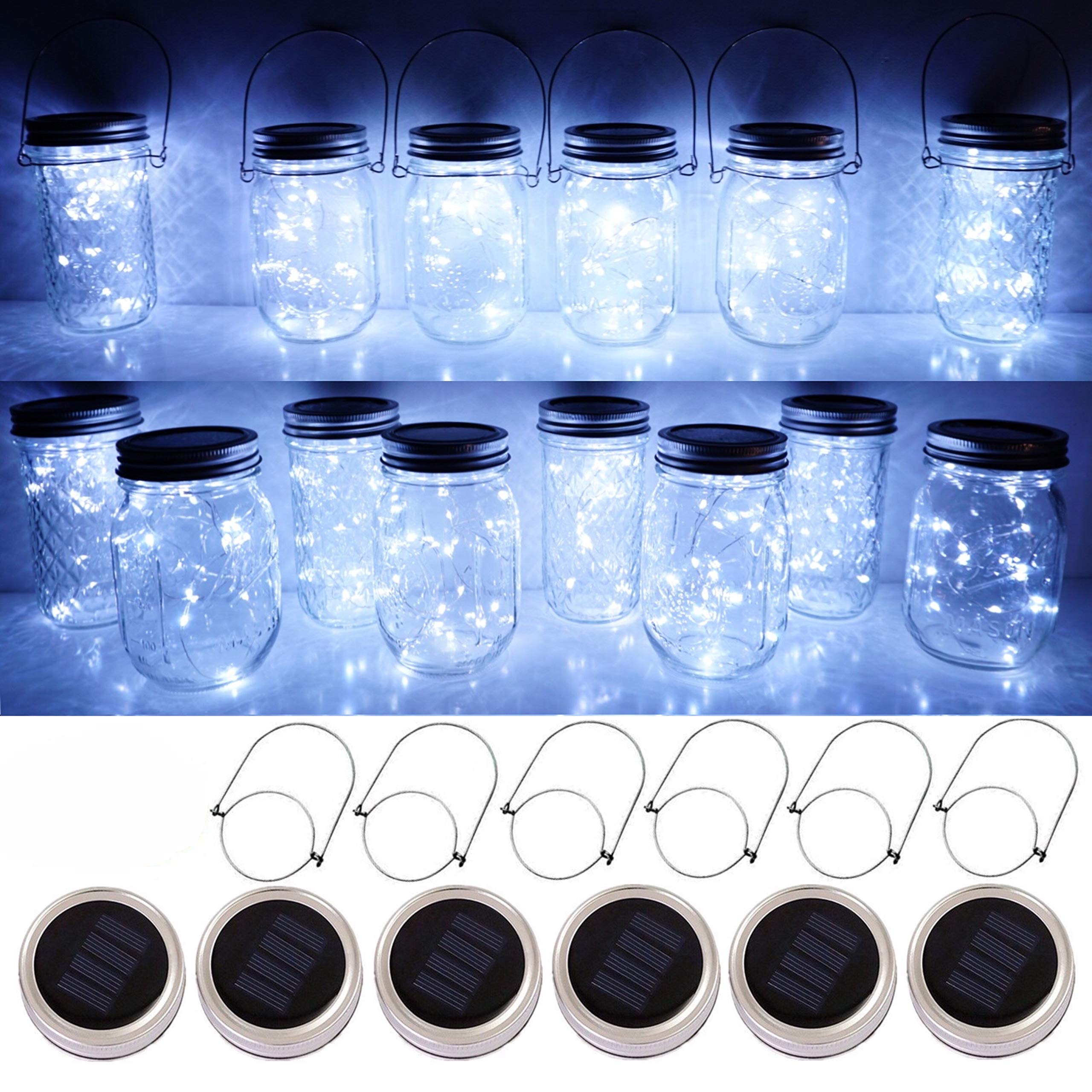 SmilingTown Mason Jar Lid Solar String Lights, Warm White 6 Pack 20 LED Waterproof Hanging Fairy Starry Lighting for Regular Mouth Jars Patio Wedding Lantern Table Decor (Cool White)