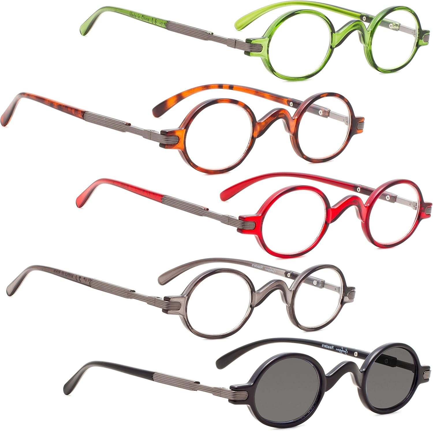 LUR READING GLASSES 5 pack Vintage Small Round include Sunshine Readers +2.00
