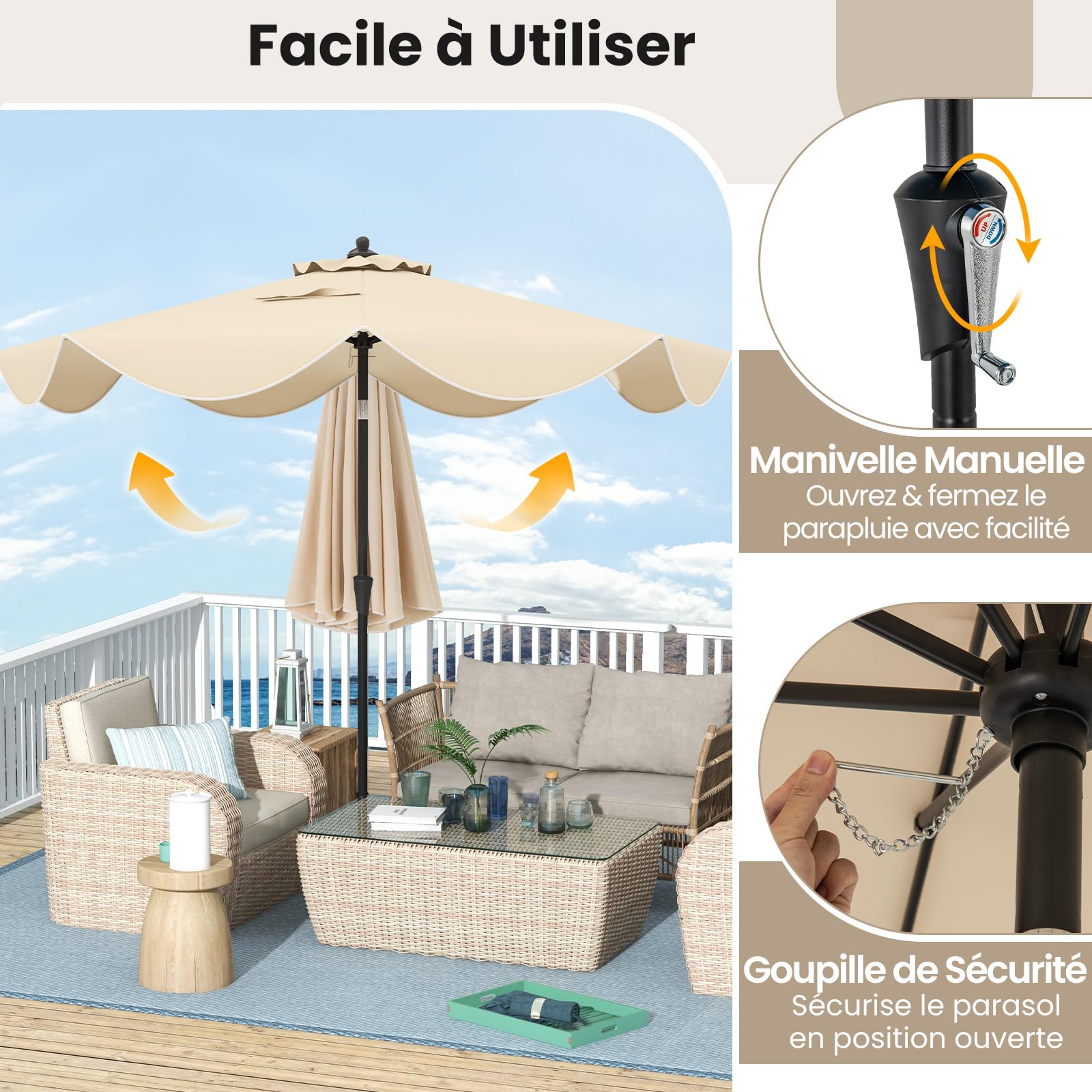 Parasol Terrasse 3M à 3 Niveaux Double Ventilé - Inclinable 0-45°, Manivelle, Beige, Protection Solaire & Pluie Légère COSTWAY