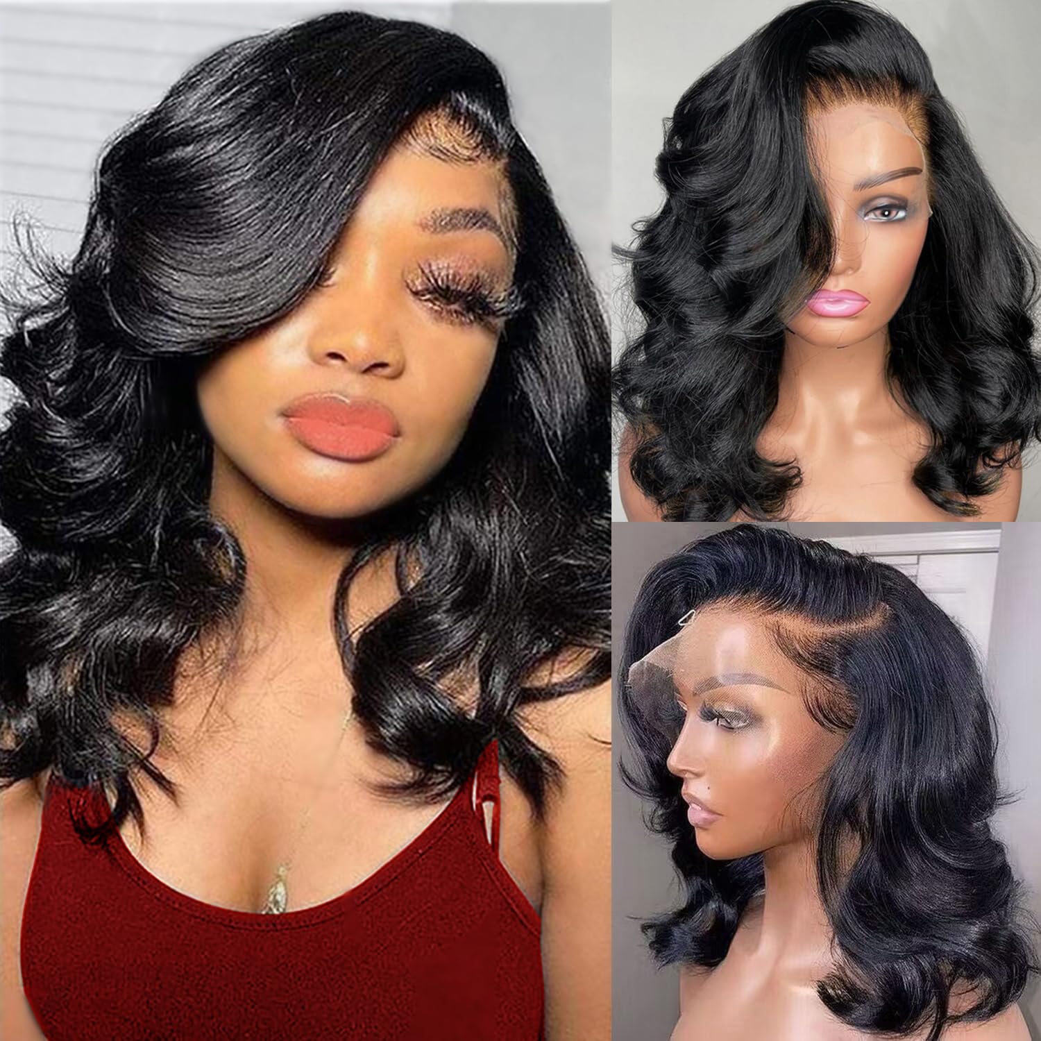Body Wave 13x6 HD Lace Front Wigs Human Hair 180% Density Bob Wig Human Hair Pre Plucked Short Bob Wigs for Black Women Glueless Frontal Wig Human Hair Natural Black Loose Wavy 14 inch Bob Wig
