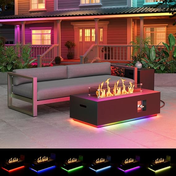 SUNPEAK 42 Propane Fire Pit Table with LED Light - 50,000 BTU with Wind Guard, Lid, Rocks and Cover - Outdoor Gas Fire Pit Rectangle - Coffee Table with Fire Pit (Black/RGB Light, 42 LED)