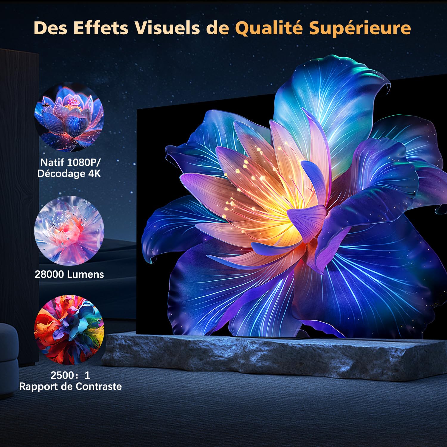 Netflix Certifié Videoprojecteur 4K VGKE, 28000 Lumens Rétroprojecteur 4K, Natif 1080P Full HD, Auto Focus & Auto Keystone, WiFi 6, Bluetoooth 5.4, Projecteur Video pour Smartphone/PC/Home