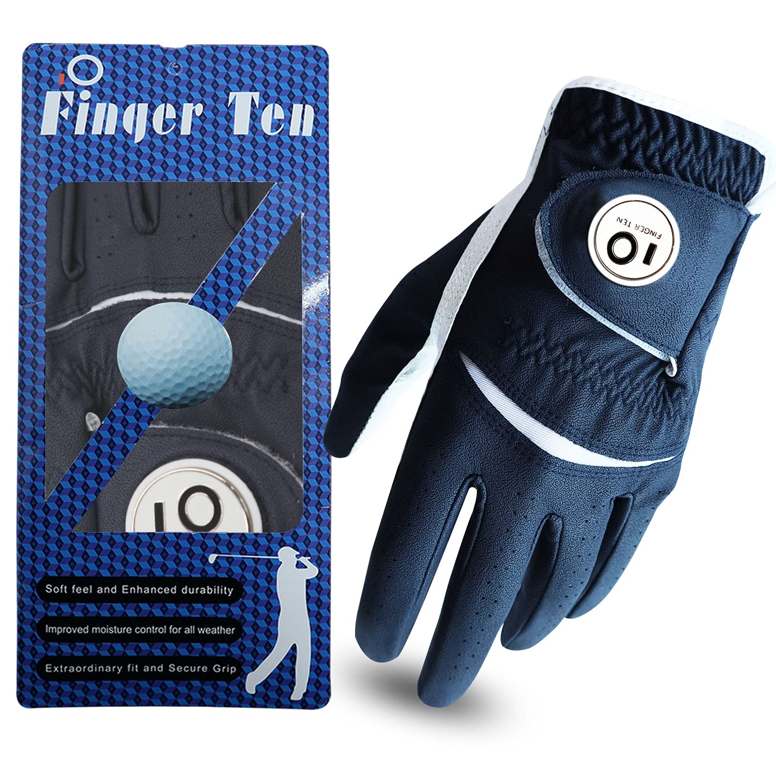 FINGER TEN Guanto da Golf per Uomo Mano in Pelle Cabretta 1 Pezzo,con Ball Marker Guanti da Golf Weathersof Morbida Confortevole