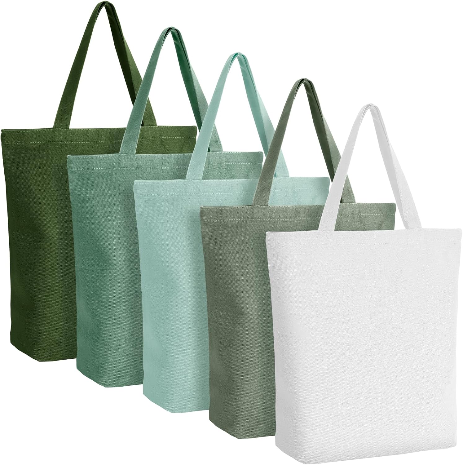 Reginary Reusable Canvas Grocery Shopping Tote Bag Bulk with Zipper Employee Staff Appreciation Gift for Valentine Galentine(Green,White,5 Pcs)