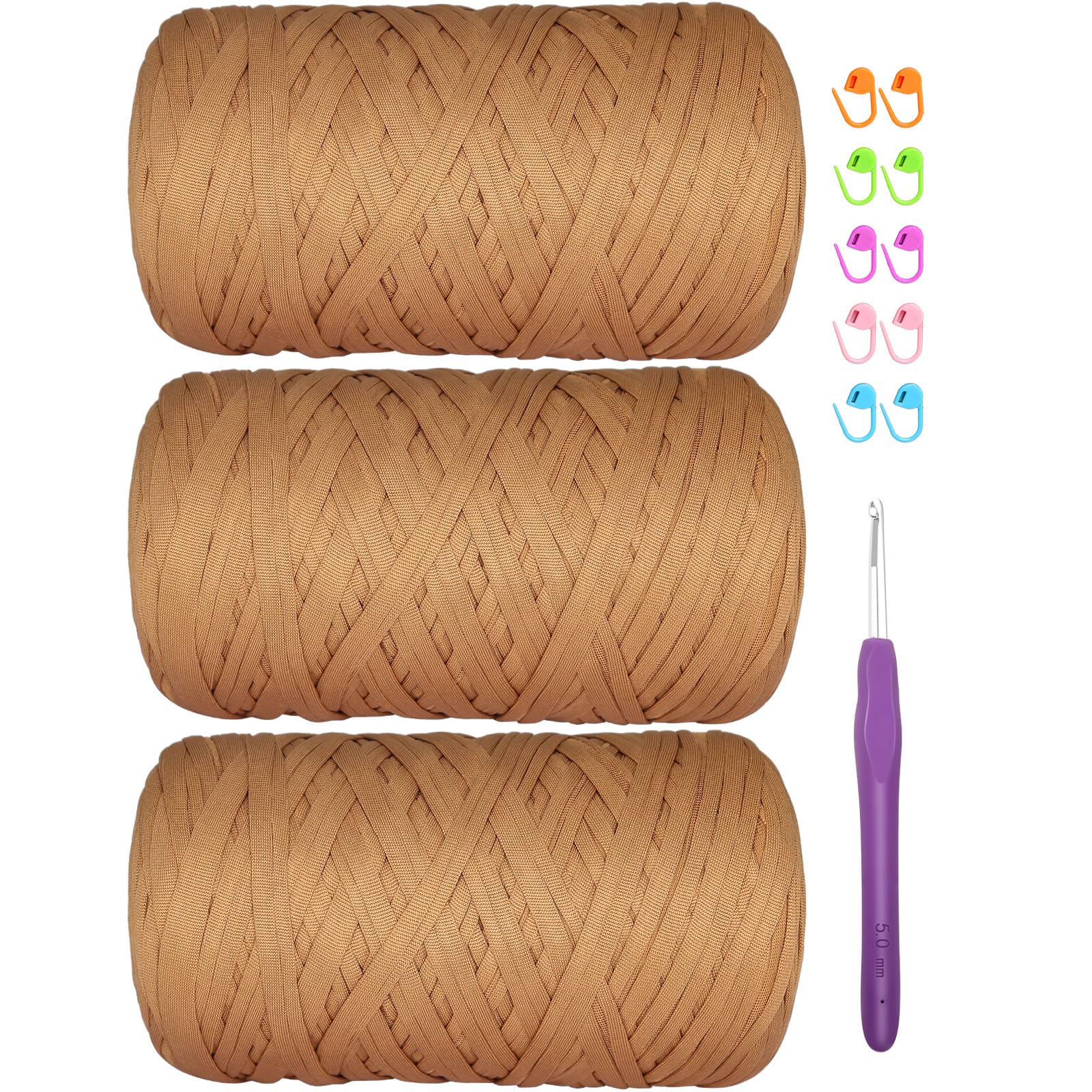 SIMEIQI 1200g T-Shirt Yarn (3x400g) for Crochet, Thick Spaghetti Yarn, Brown — image 1