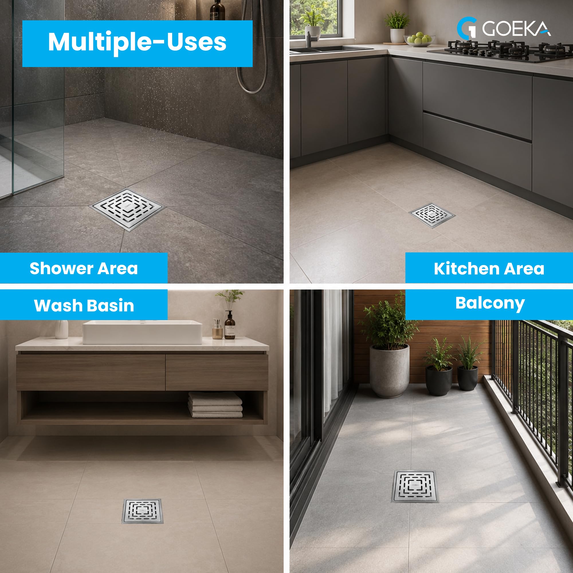GOEKA® Sapphire Square Flat Cut Floor Drain | 304-Grade Stainless Steel Waste Water Drain Channel with Anti-Cockroach Trap | 6 x 6 Inches Bathroom, Kitchen & Balcony Jali 2