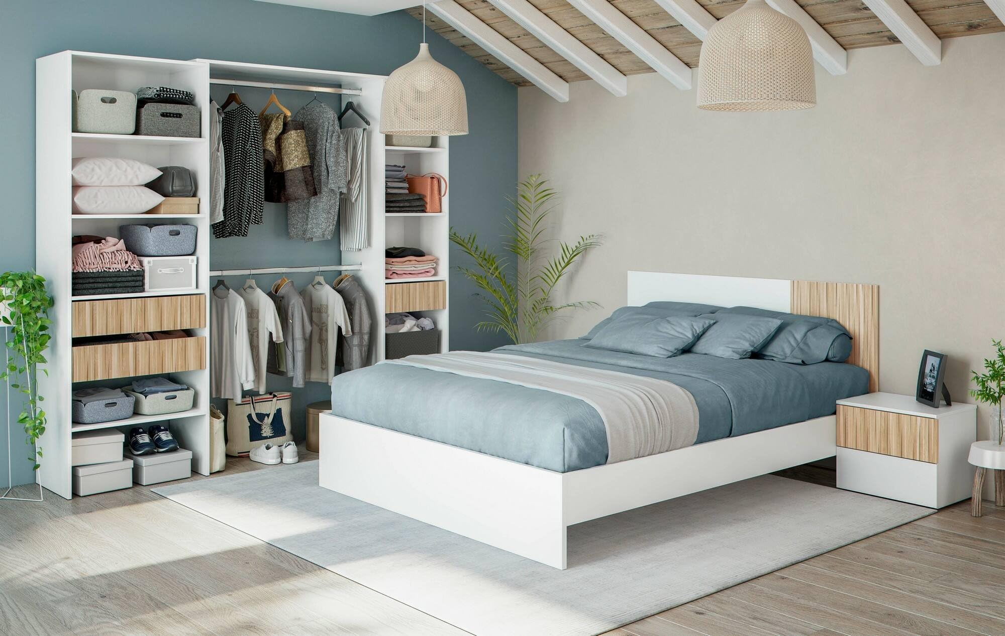 Guardaroba Grande Worland, Mobile Camera da Letto, Armadio Appendiabiti con Ripiani e 3 cassetti, 196x40h187 cm, Bianco e Rovere