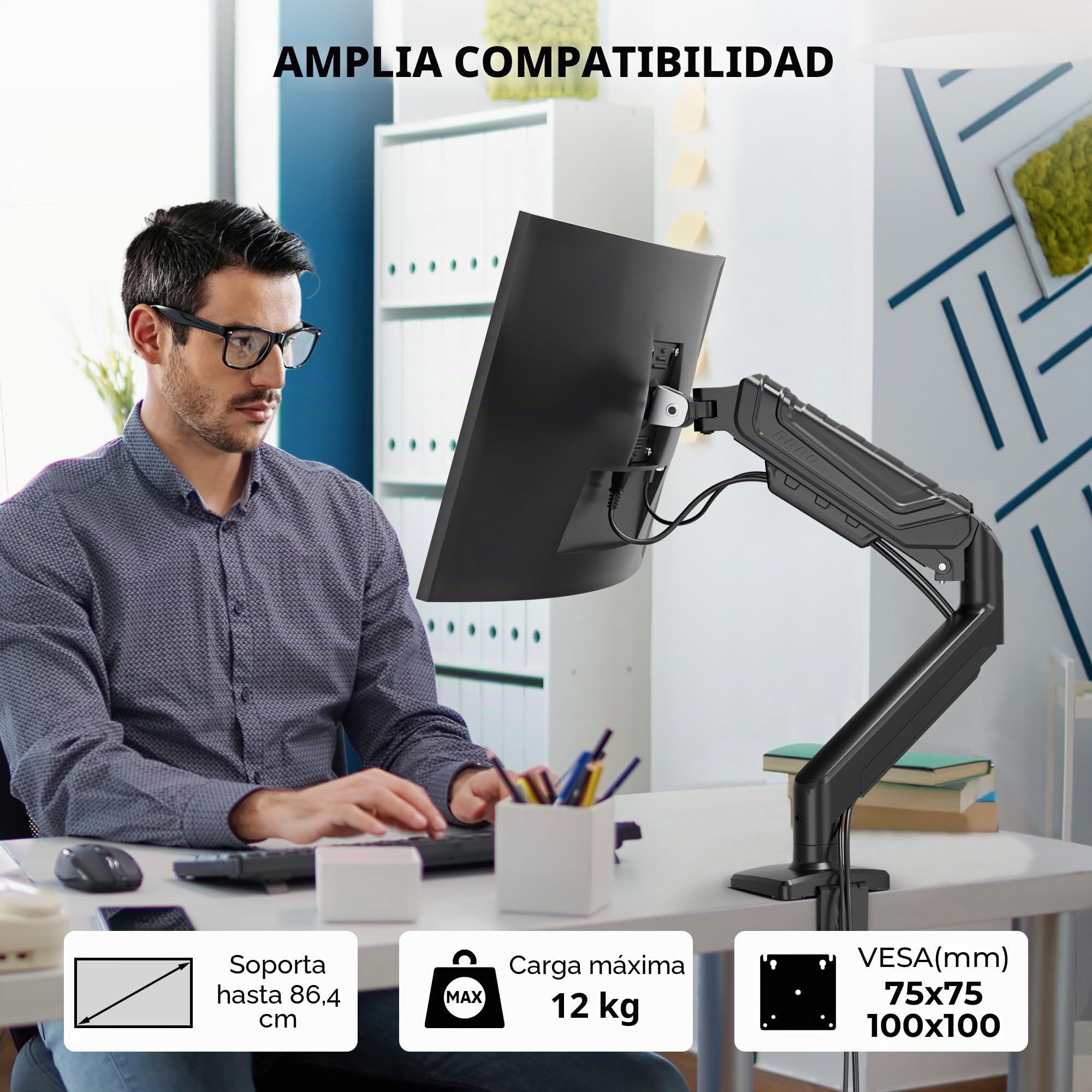BONTEC Soporte para Monitor 15-34 Pulgadas, Brazo Individual A Gas hasta 12 Kg, VESA 75x75 100x100, Rotación 360°, Altura E Inclinación Ajustable, Soporte De Escritorio Y Mesa con Gestión De Cables