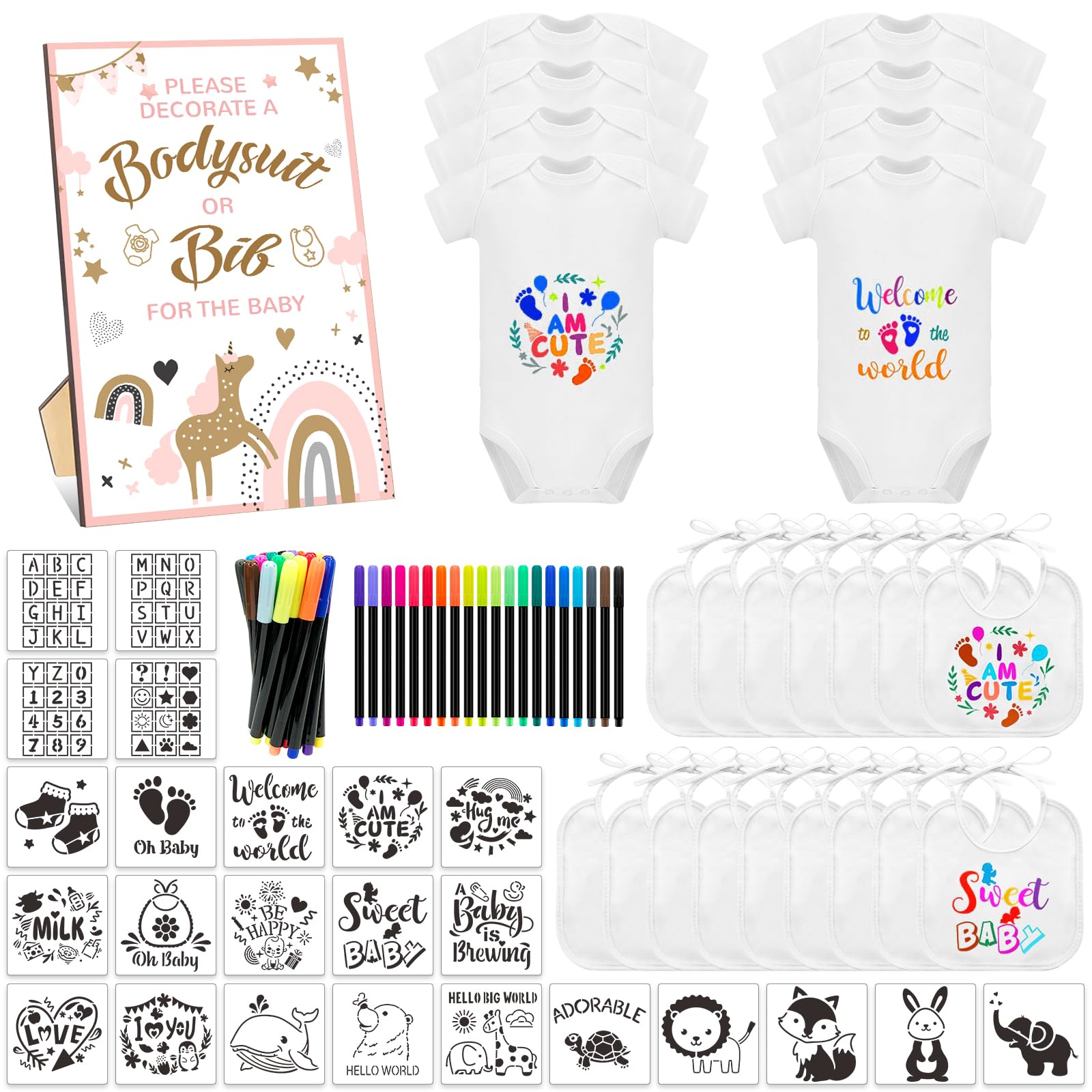 SytuHete 69 Pcs Baby Bib Bodysuit Baby Shower Set Baby Shower Game Sign Baby Feeder Bib Newborn Bodysuit Fabric Marker