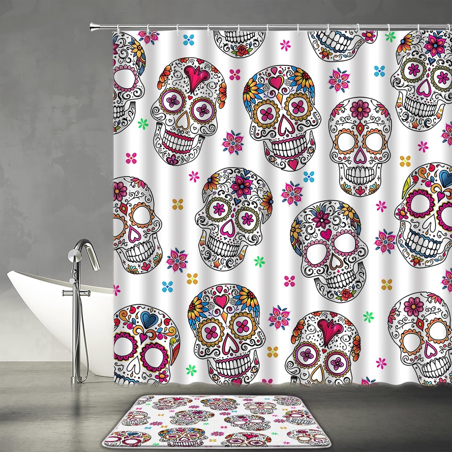 2 Pcs Shower Curtain Set Sugar Skull Bath Mat Skeleton Floral Mexican Day of The Dead Horror Boho Bathroom Bedroom Kitchen Rug Soft Memory Foam Backing Bath Mat 16x24 and Shower Curtain 70X70 Inch
