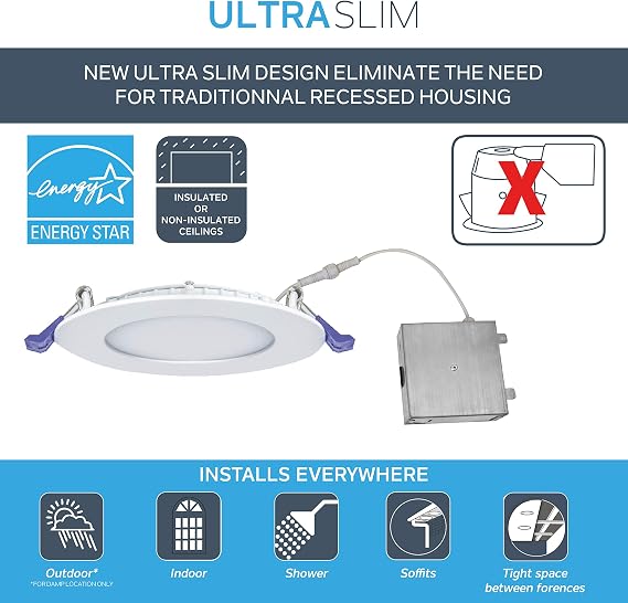 Nadair SL3-450-6WH3KBN2 3 6 Pack Ic Rated Dimmable Ultra Slim Recessed Light with Junction Box 6W, 450 Lumens, 3000K, Extra Finish Decorative Trim Included, 3, White and Brushed Nickel, 6 Piece