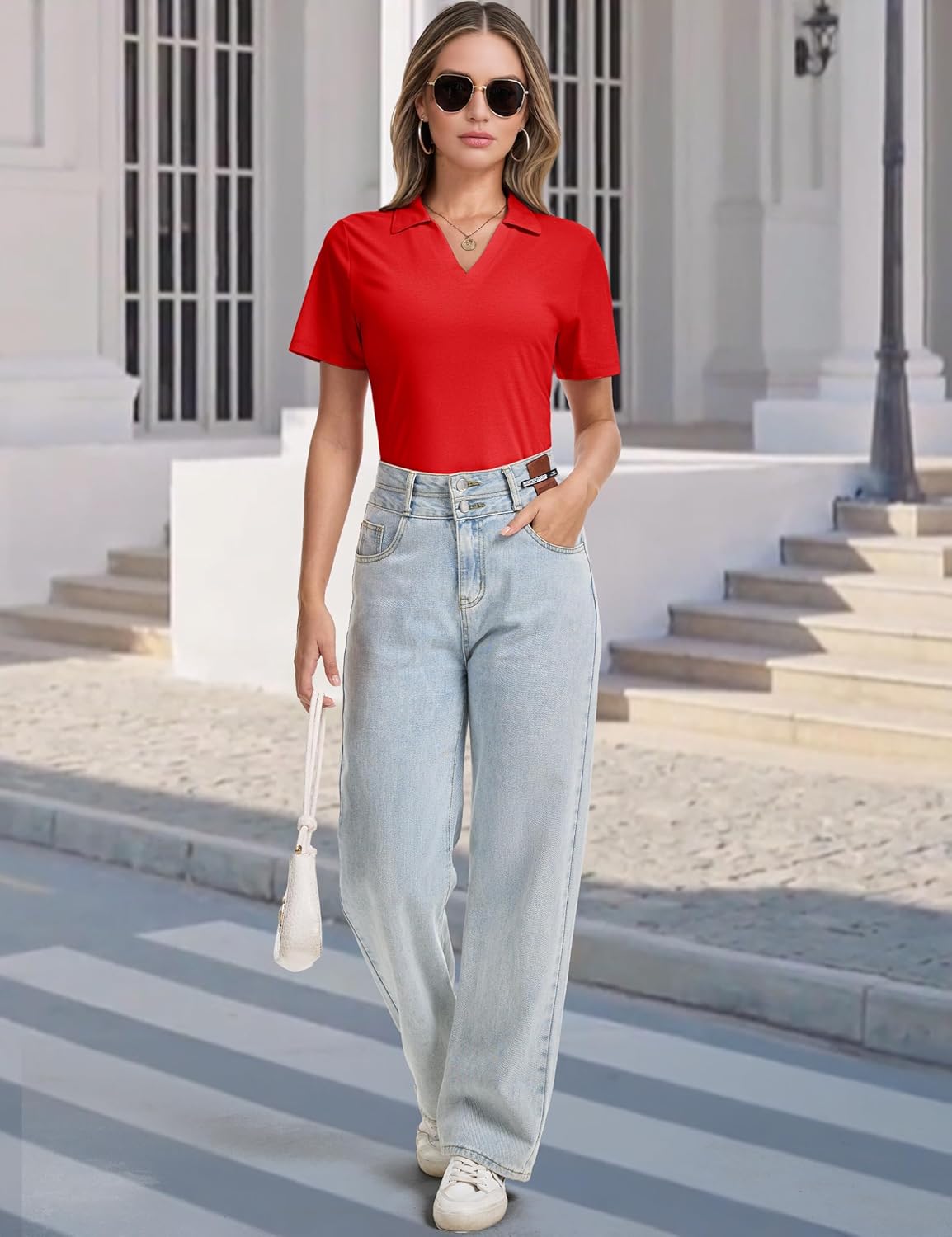 MAGCOMSEN Women's Polo Shirts V-Neck Short Sleeve UPF 50+ Sun Protection Collared Golf Shirt Work Summer Tops - Image 6