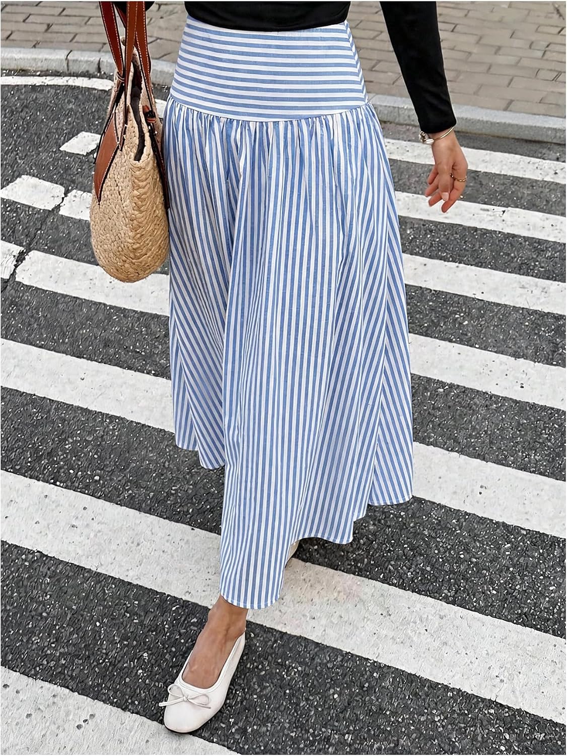 Milumia Women's Striped Maxi High Waisted Ruffle Hem Flowy A Line Skirts