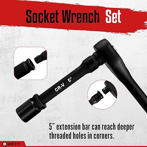Miniatura 7 de WETT Juego de llaves de impacto de 12", juego de llaves de vaso poco profundas de 24 piezas, SAEmétrica, 716"-1", 0.512 in-0.945 in, mango de