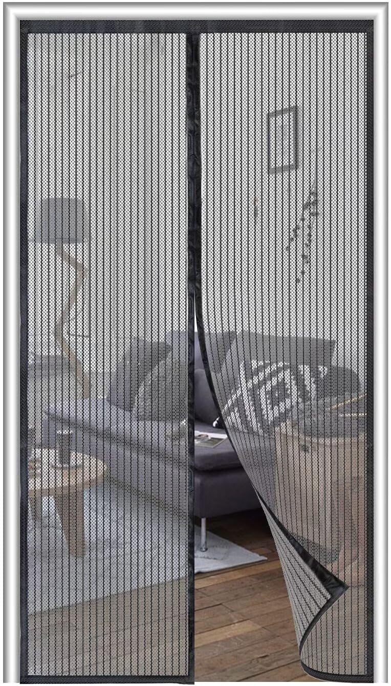 Mosquitera Puerta Magnetica 180x210cm, Cortina Antimoscas de Malla Antimosquitos con Iman,Cierre automático, No Requiere Herramientas, Fácil de Instalar, Rayas Negras