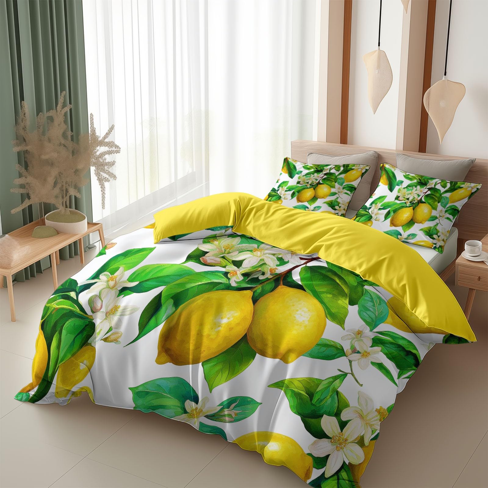 Generisch Bettwäsche 200 x 200 cm Verträumt Blume Zitrone, Gelb Microfaser Bettbezug Set 3-teilig mit Reißverschluss, Weich & Bügelfrei Deckenbezug, inkl. 2 Kissenbezüge 80 x 80 cm