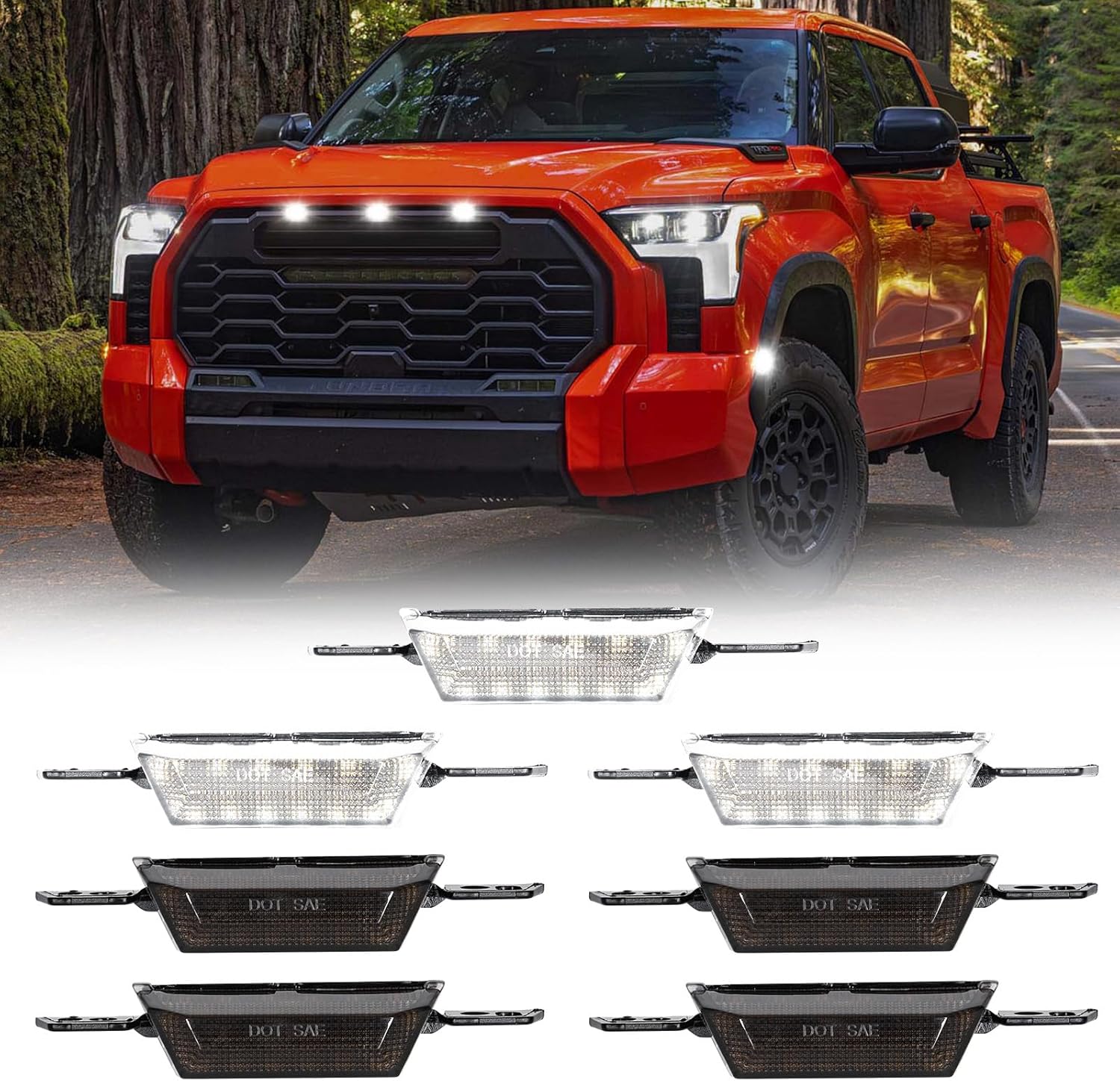 LED Grille Side Marker Lights Compatible with 2023-2025 Sequoia TRD Pro, 2022 2023 2024 2025 T0yota Tundra TRD Pro Front Grille Lamps and Side Fender Rear Marker Lights White Smoked Lens