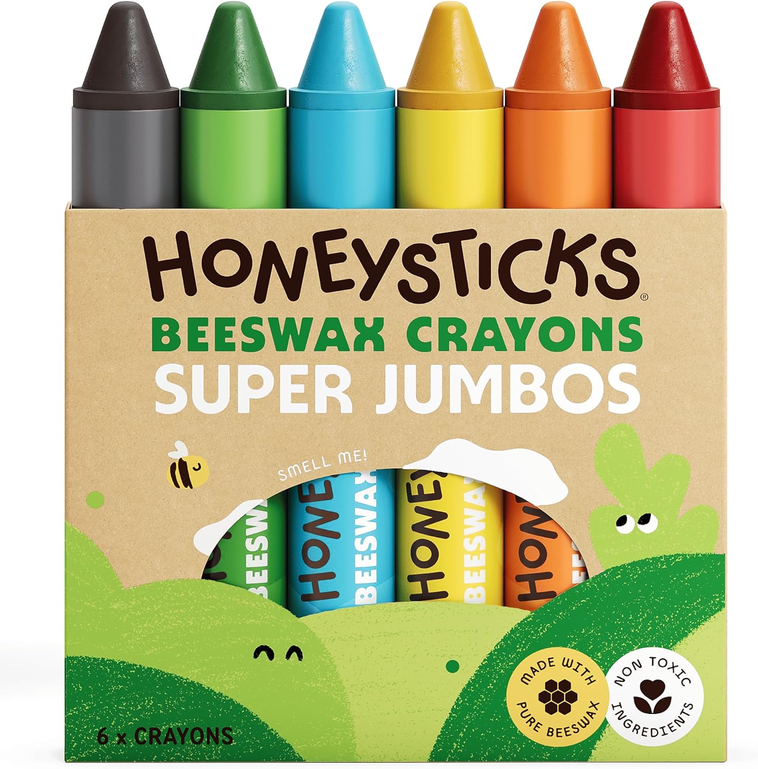 Honeysticks Super Jumbo Crayons (6 Pack) - 100% Pure Beeswax, Non Toxic Crayons for Toddlers 1-3, Extra Large Crayon Size, Easy to Hold and Use, Unbreakable Toddler Crayon, Eco-Friendly