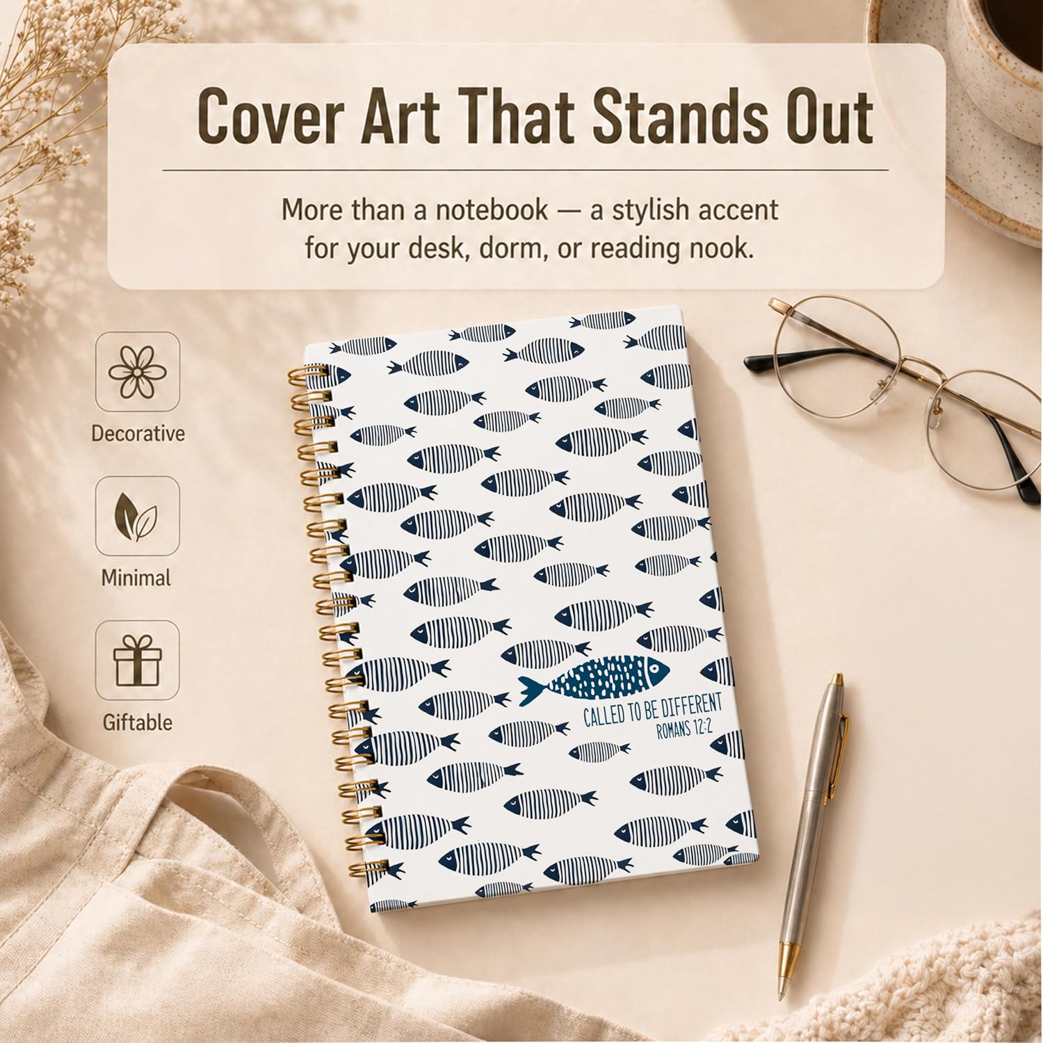 Christian Fish Coastal Beach Spiral Notebook, Romans 12:2 Bible Verse Journal, Christian Gifts for Women Men, Religious Scripture Hardcover Lined Notebook Journal, 5.5x8.3 Inch image 2