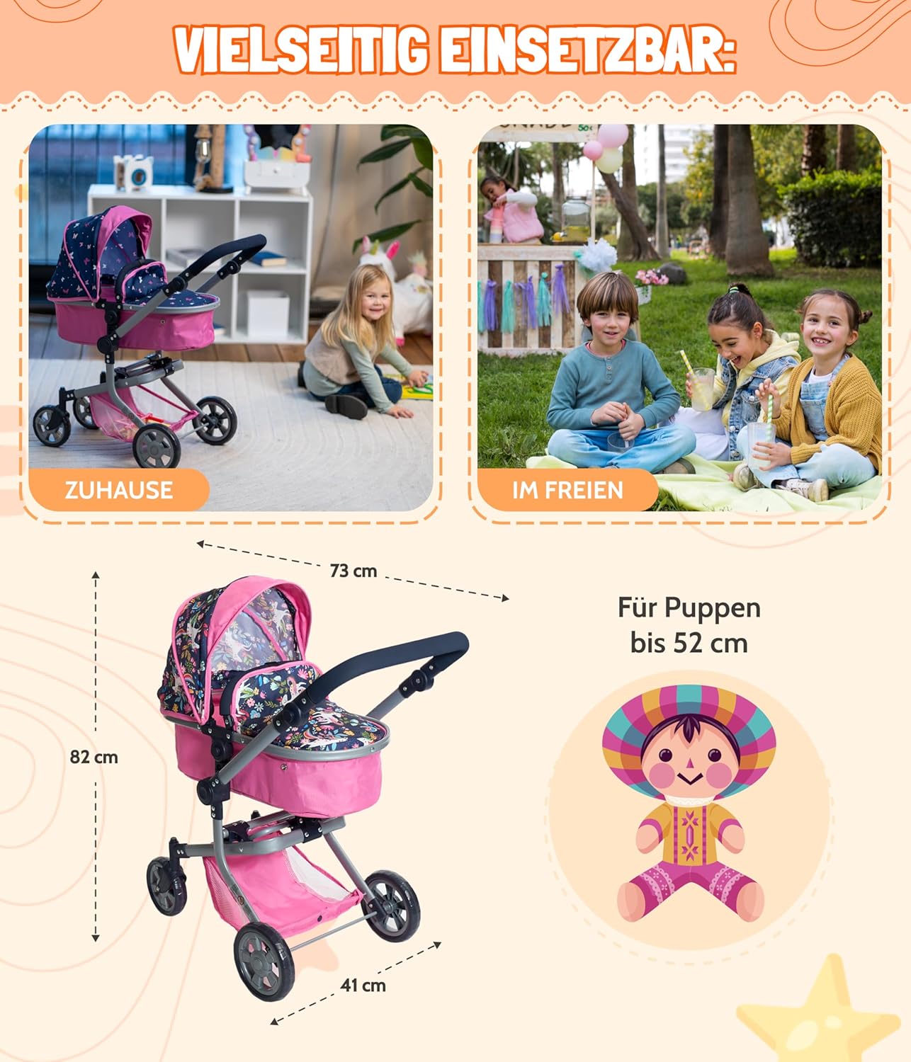 Bayer Chic 2000 Mika Doll Stroller, 2 in 1 Combination Stroller for 4-8 Years Old, Stroller for Dolls up to 52 cm, Unicorn, Navy Pink