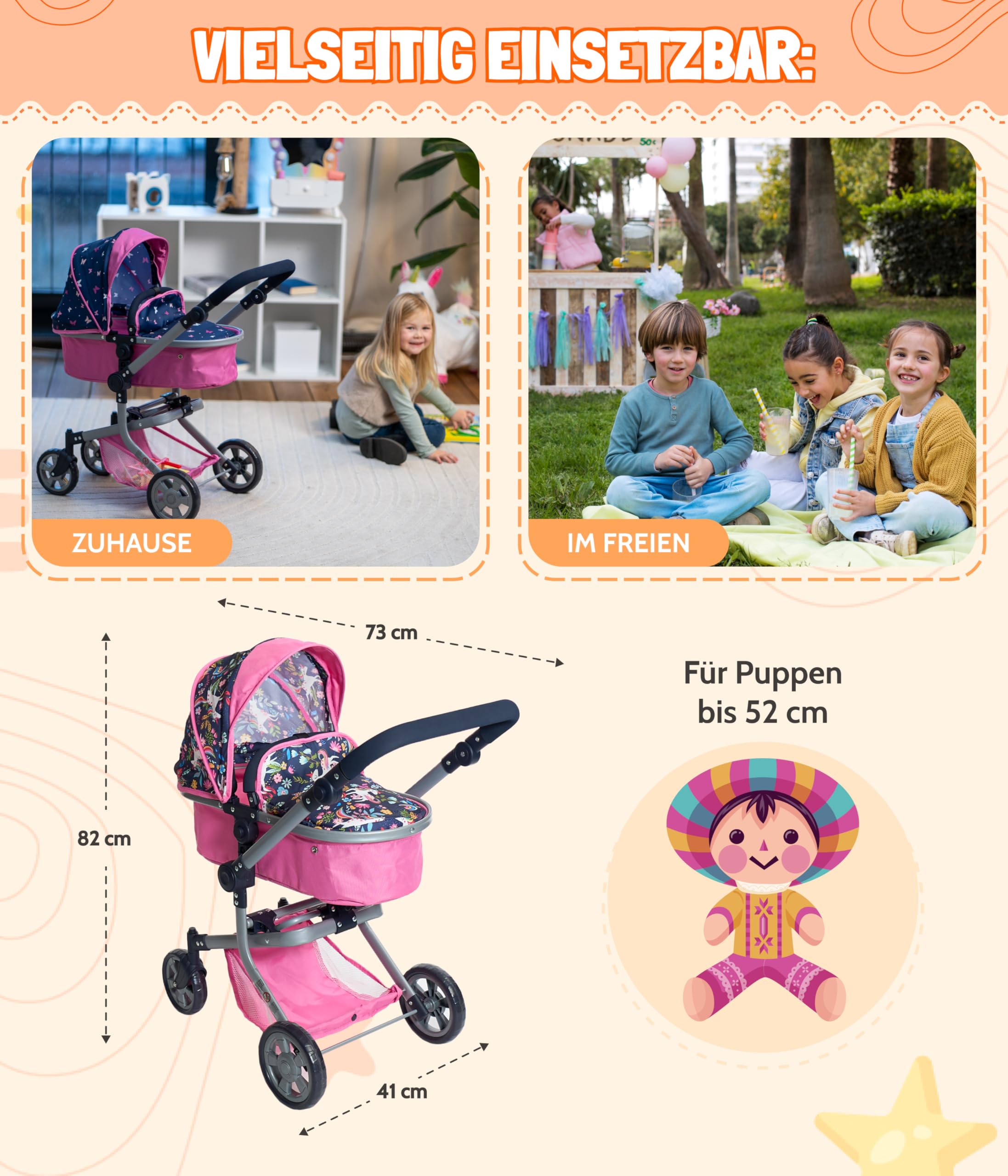 Bayer Chic 2000® Wózek dla lalek 2 w 1 Mika, różowy, granatowy, składany, uchwyt z regulacją wysokości 47-80 cm, nowoczesny stelaż, lalki do 52 cm, 4-8 J, jednorożec