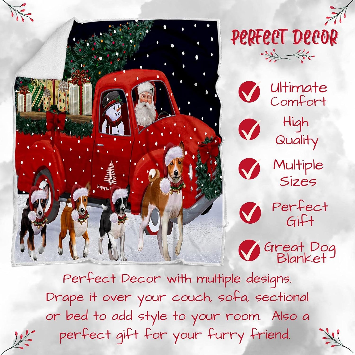 Doggie of the Day Basenji Dogs Blanket - Christmas Express Delivery Red Truck Running - Super Soft & Warm Pet Theme for Sofa or Bed, Warm Fleece, Sherpa or Woven Material (30x40 Fleece)