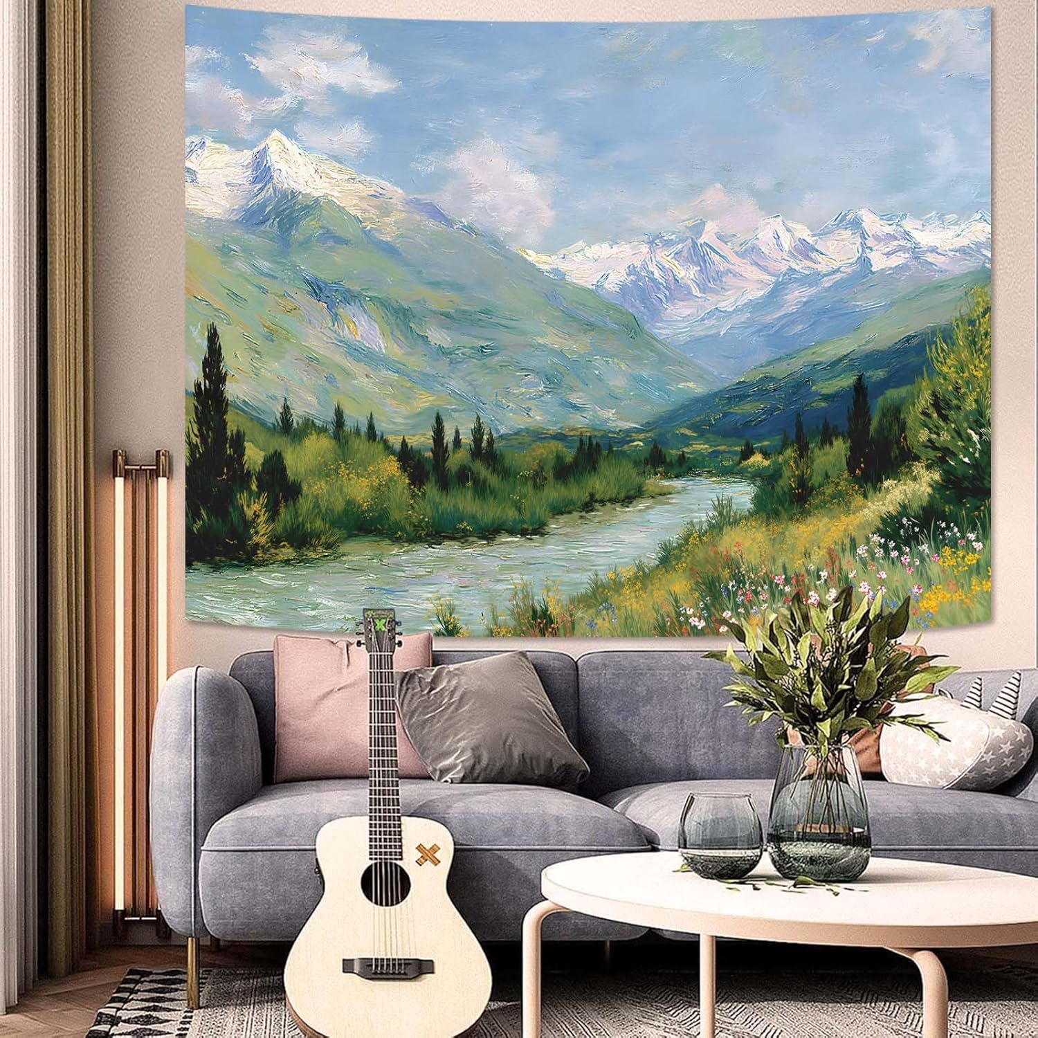 Yeoiat Tapestry Alpine Mountain River Landscape Oil Painting Wall Art Artistic Hand-Painted Look Fine Art Meadow Flowers Decor 90"x70"