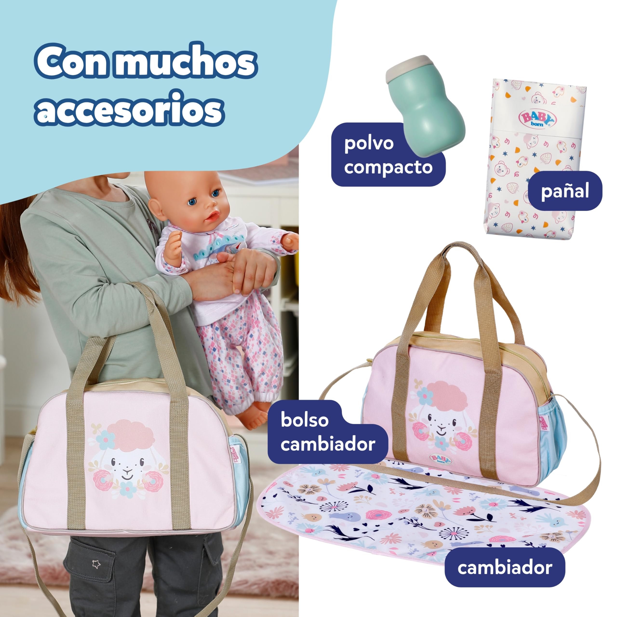 Baby Born Bolso cambiador – Bolso para muñecas con diseño floral – Incluye cambiador, pañal & bote de talco – Accesorio para muñecas de 36 cm & 43 cm