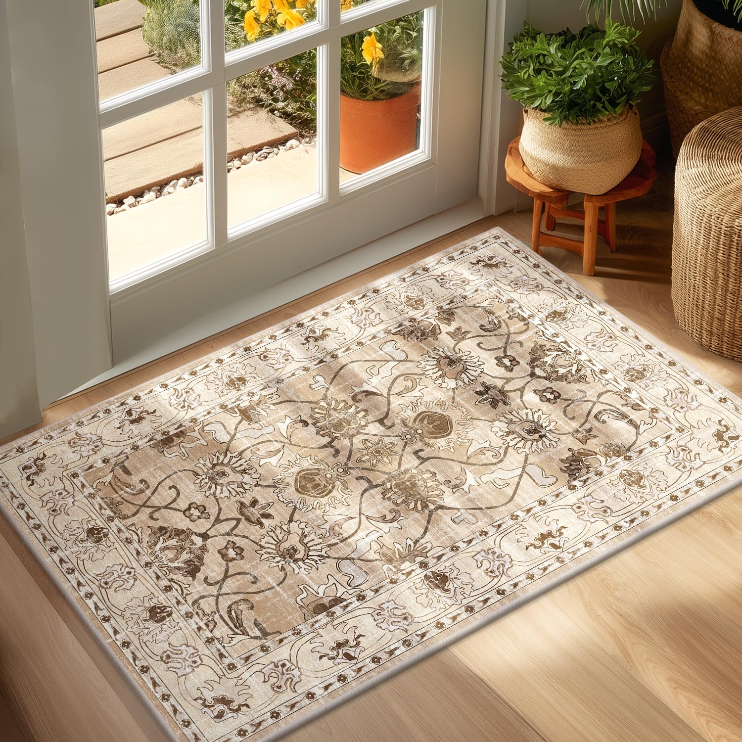 Yamaziot Washable Area Rug 2x3 Small Entryway Rug Non-Slip Vintage Floral Rug with Rubber Backing Low Pile Non-Shedding