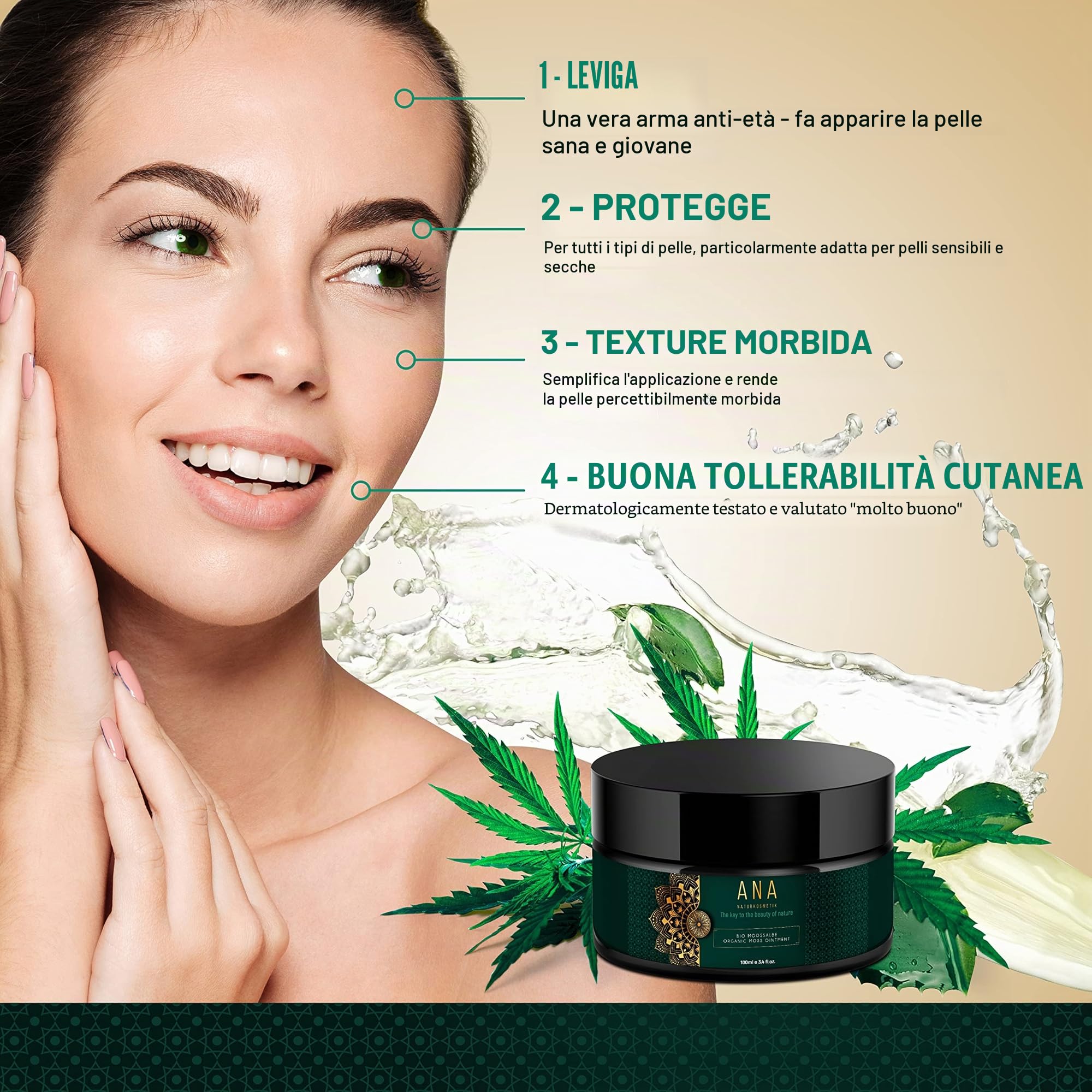 ANA Naturkosmetik BIO Pomata di Muschio con Aloe Vera, Acido Ialuronico, 5% Muschio Islandese, Q10, Algaktiv® e Ceramide III - Cura Anti-Aging per il Viso - Trattamento Giorno e Notte - 100ml - Made