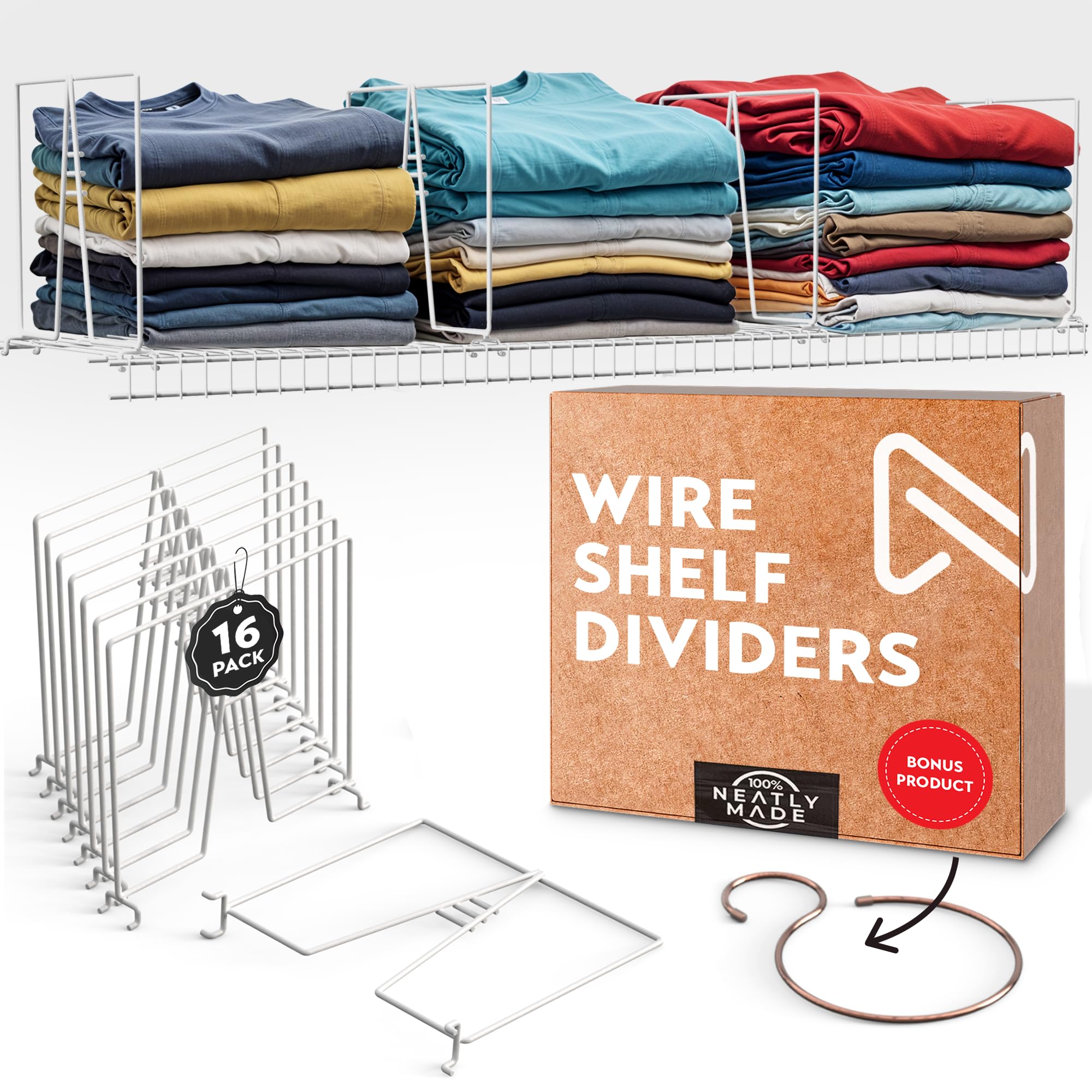 Tall White Wire Shelf Dividers for Closet Organization – Sturdy and Easy Set-Up Closet Shelf Dividers with Bonus Rose Gold Hanger (16 inch Wire Shelves, 8-Pack)