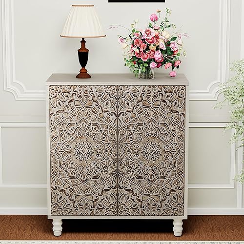 Miniatura 3 de HOMPUS Accent Cabinet with Pattern Doors and Shelf Wood Grain Rustic Buffet Sideboard Coffee Bar Storage Cabinet for Living Room Kitchen Bedroom
