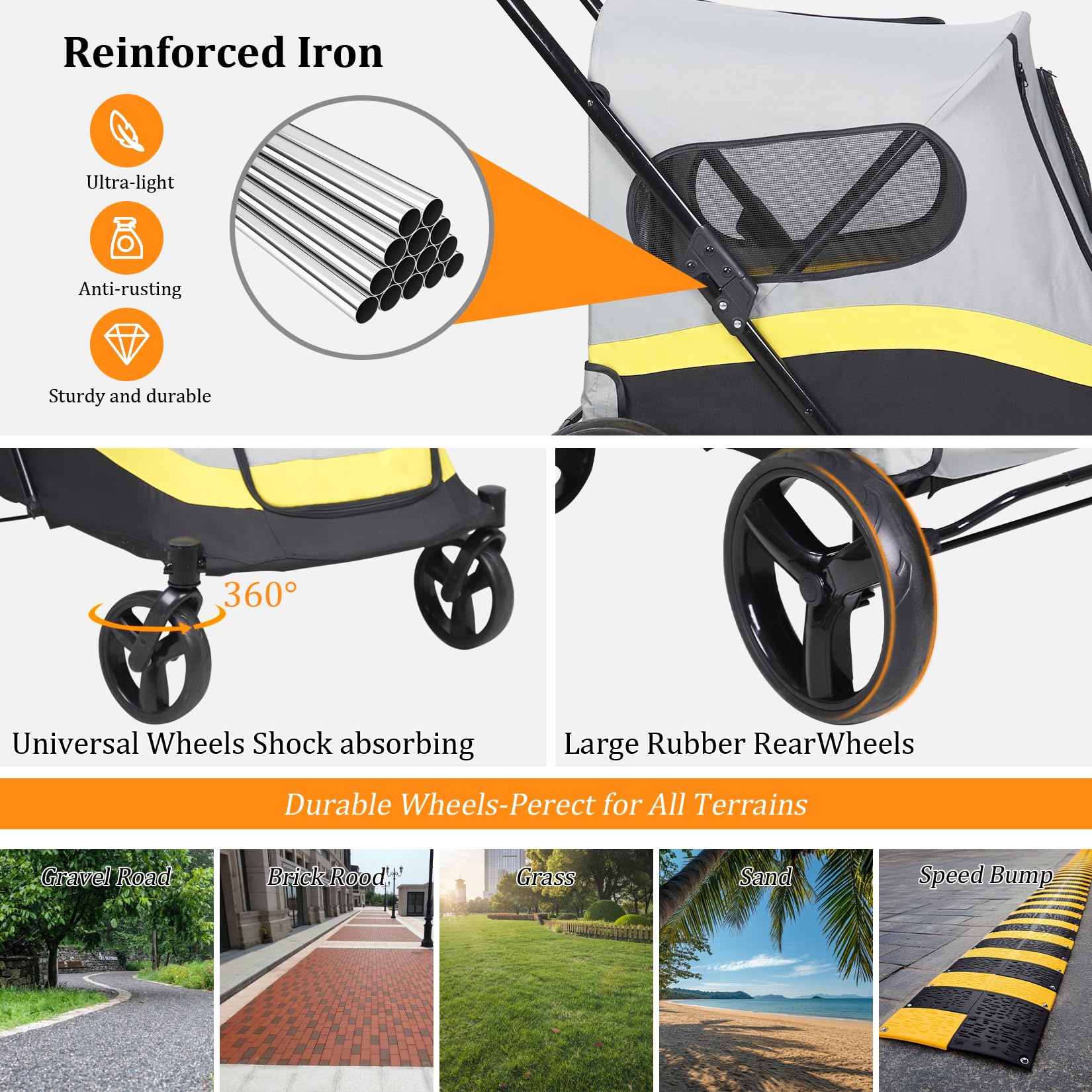 BingoPaw Carro Perro Pequeño Mediano: Carrito para Perros Paseo Plegable Cochecito para Perros con Ruedas Amortiguadora con Frenos Puertas Frontal y Trasera, 102x62x73cm