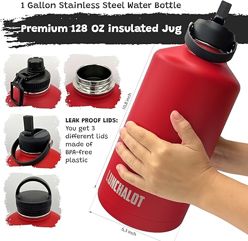 Miniatura 3 de Botella de agua de 1 galón aislada  Jarra de agua de metal de acero inoxidable de 128 onzas con soporte  Bolsa de transporte  Asa de boquilla  Tapas