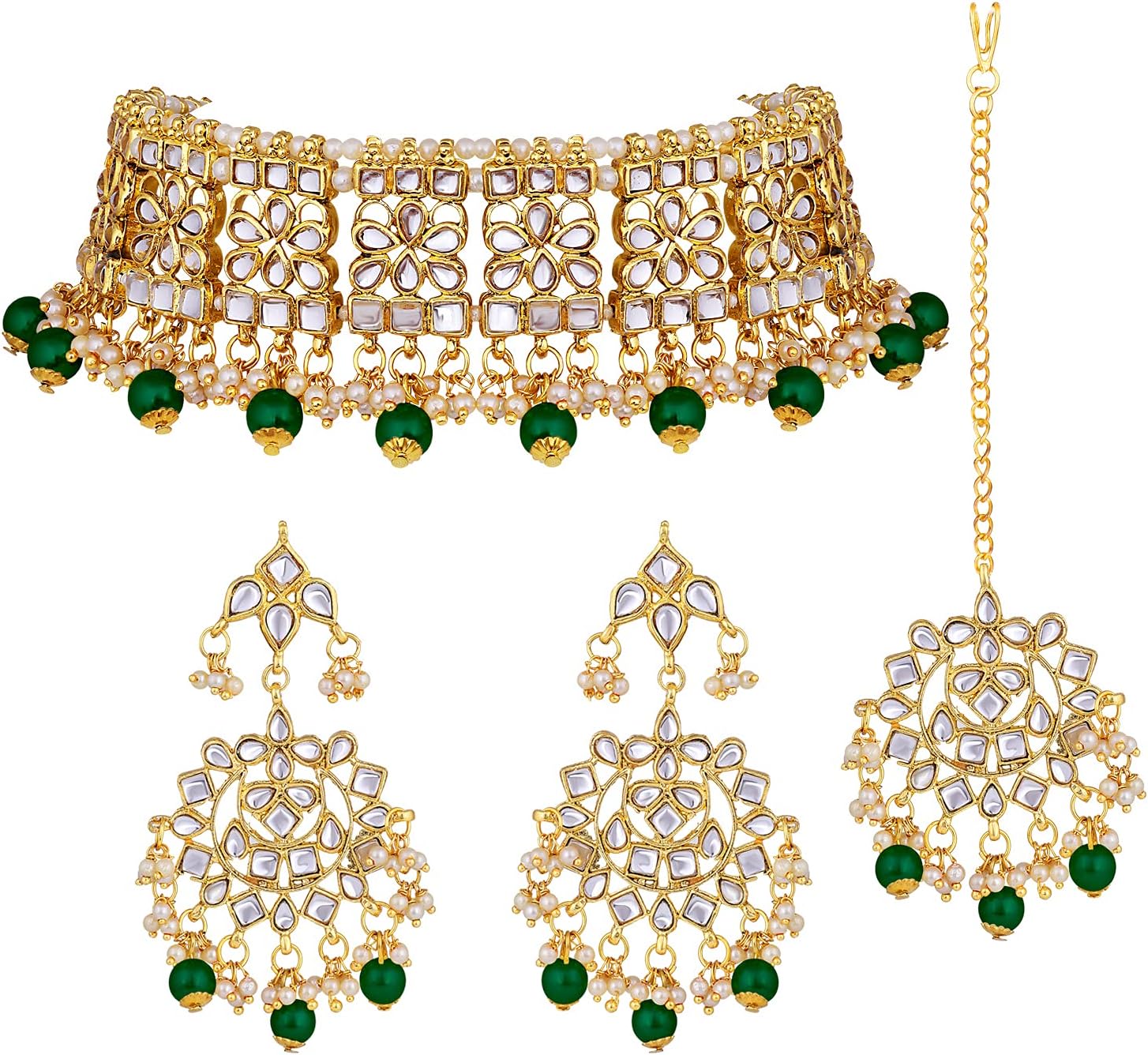 Aheli Elegant Indian Faux Kundan Studded Choker Necklace With Maang Tikka Earrings Set Ethnic Wedding Festive Wear Fashion Jewelry Gift for Women Aheli Elegant Indian Faux Kundan Studded Choker Necklace With Maang Tikka Earrings Set Ethnic Wedding Festive Wear Fashion Jewelry Gift for Women